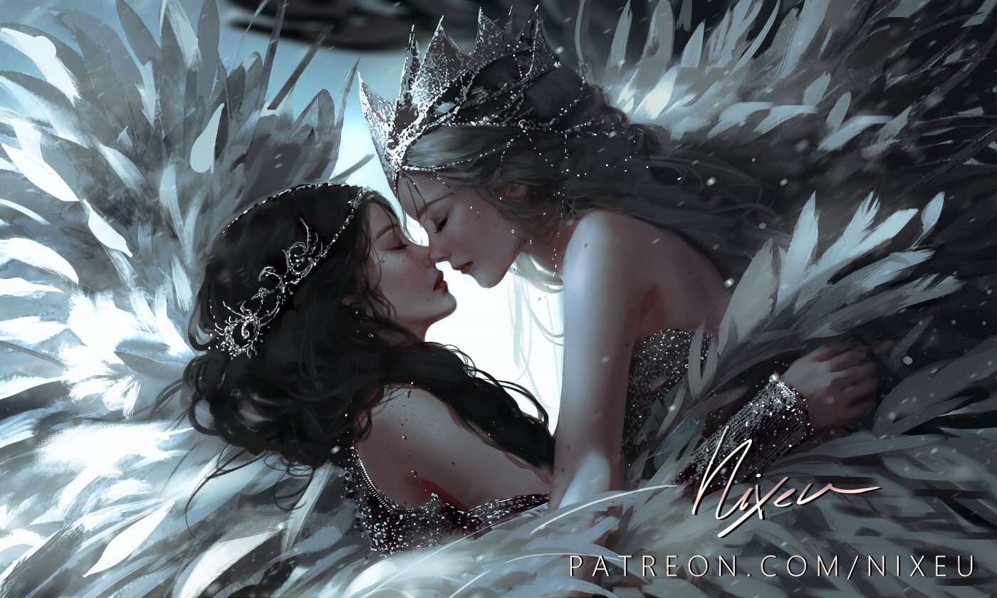 Nixeu Drawing Two Women Crown Feathers Wings Jewelry Profile Closed Eyes 1400x840