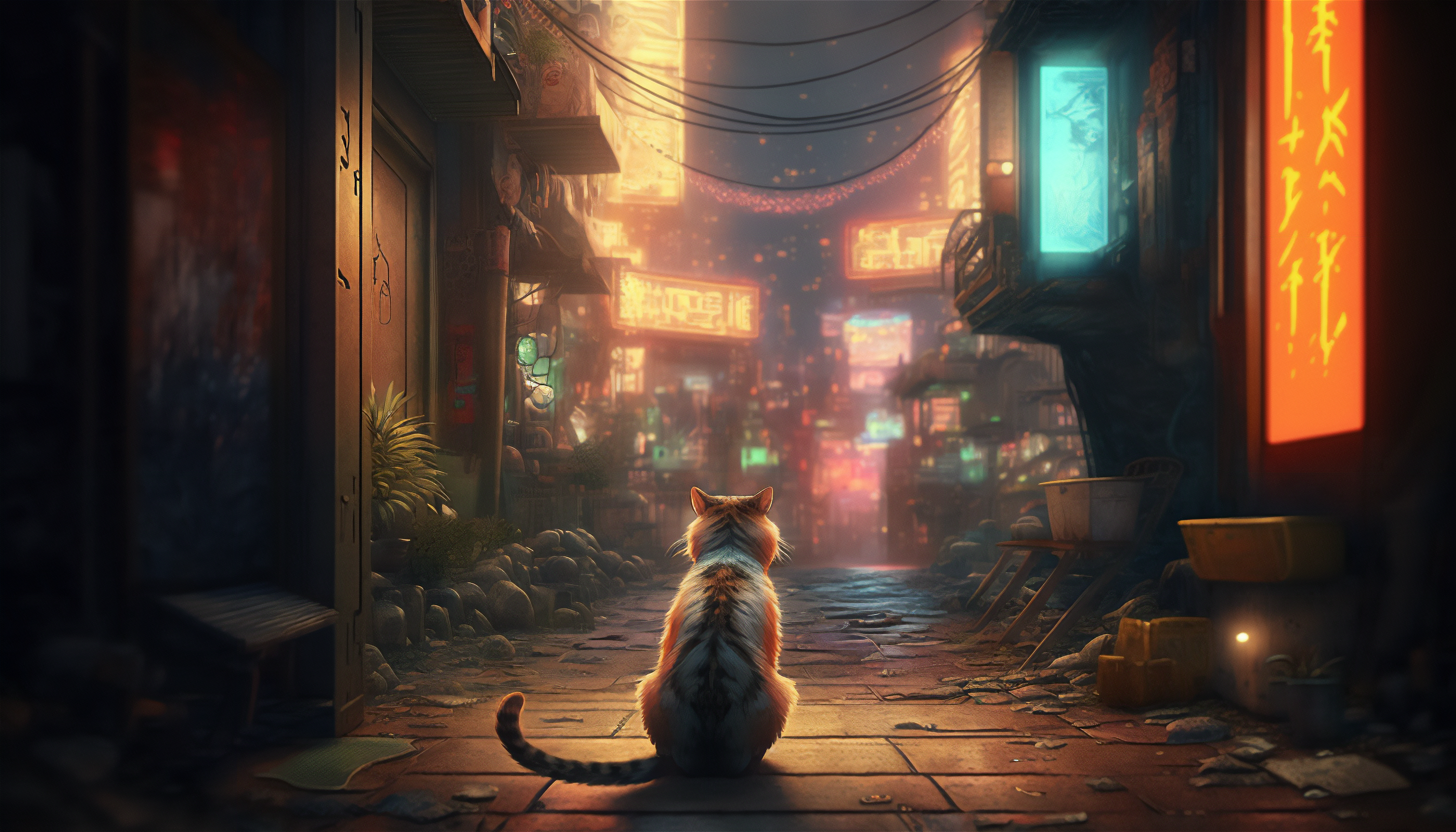 Ai Art Cyberpunk Illustration Cats Small Alley Japan City Lights City Stray Street Light Animals 3136x1792