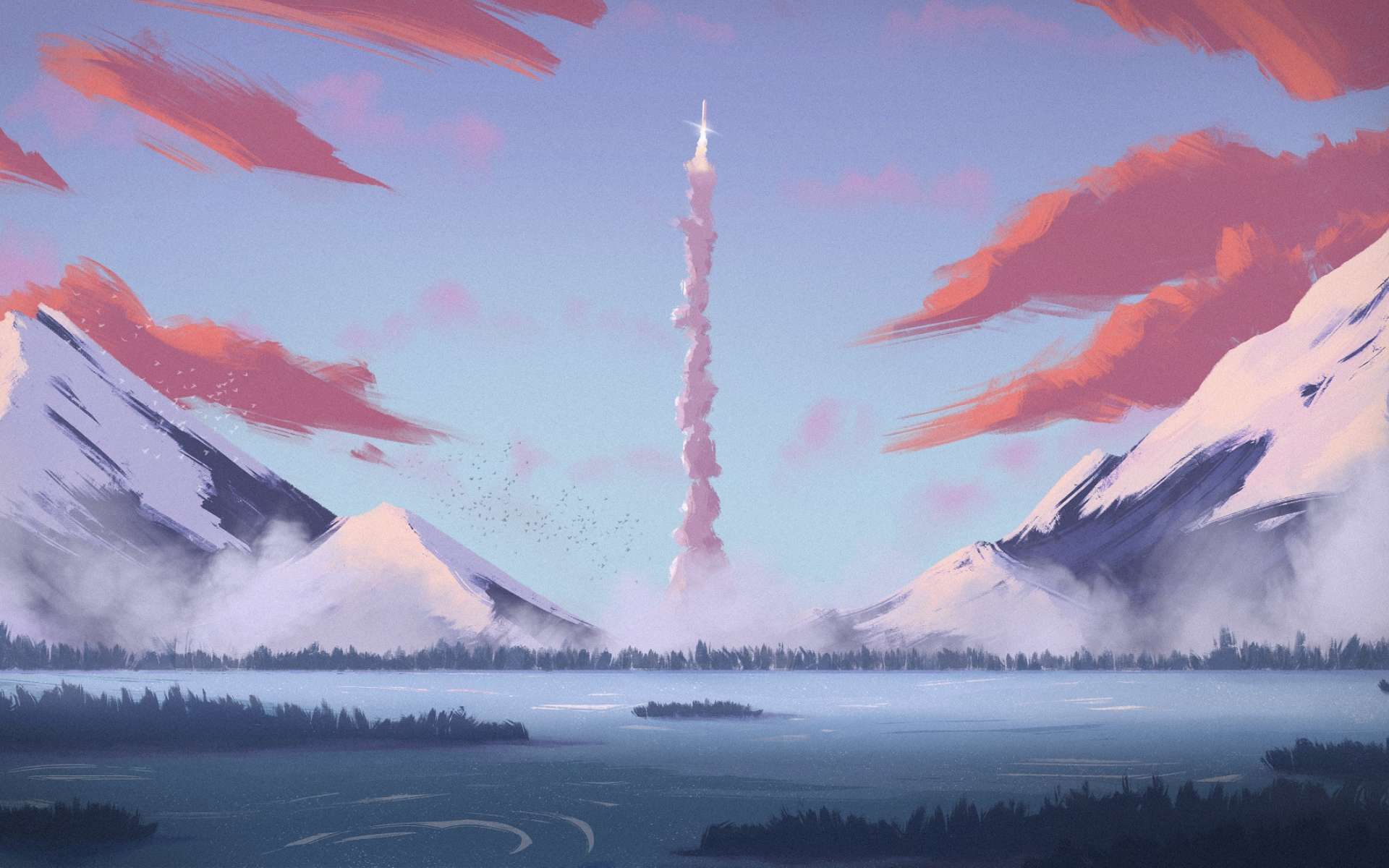 Pixel Art Pixelated Digital Art Snow Mountains Water Sky Clouds Rocket 1920x1200