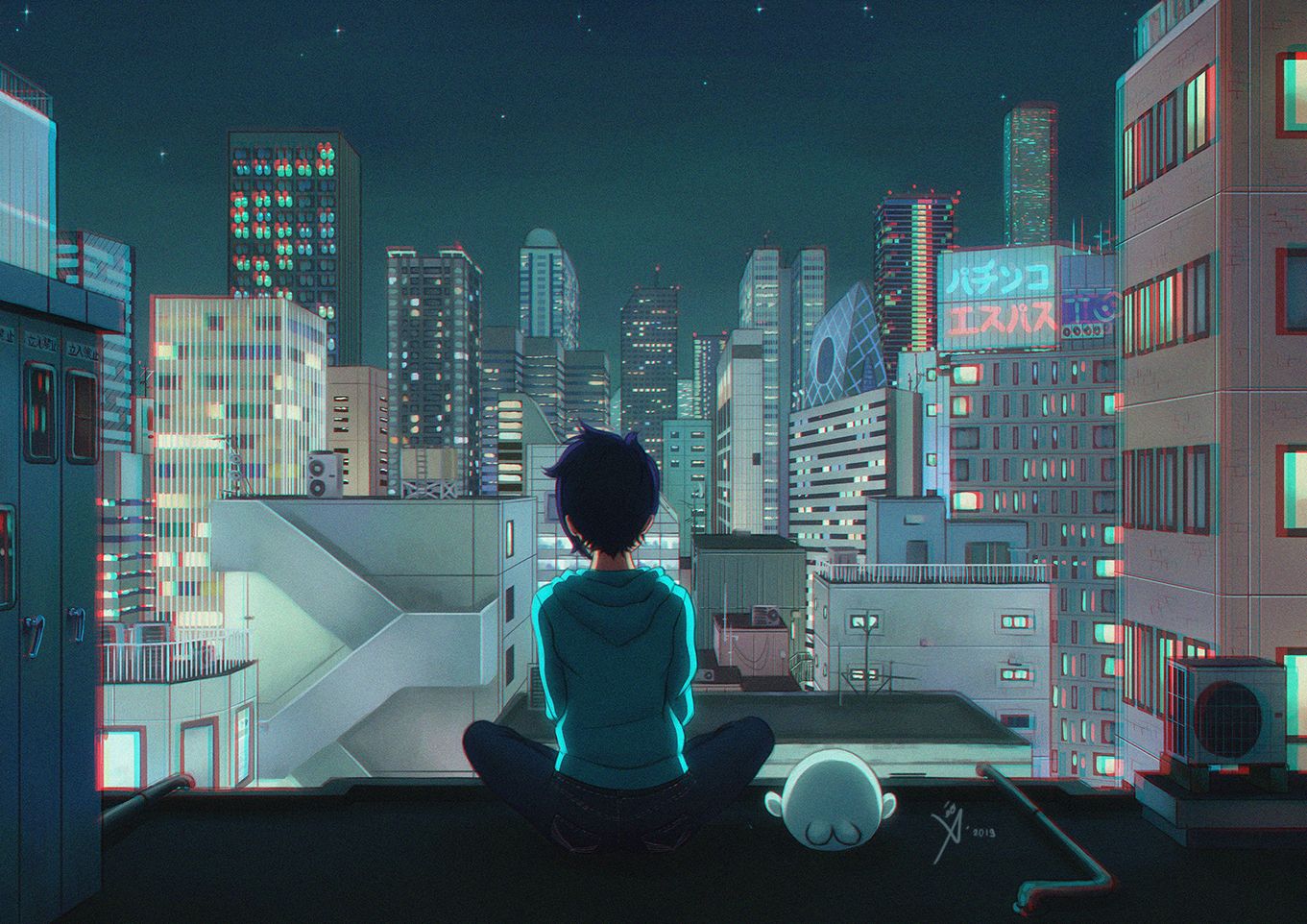 Umi Rooftops Anime Cityscape Anime Girls Building Lights Night Wallpaper -  Resolution:1361x962 - ID:1352812 
