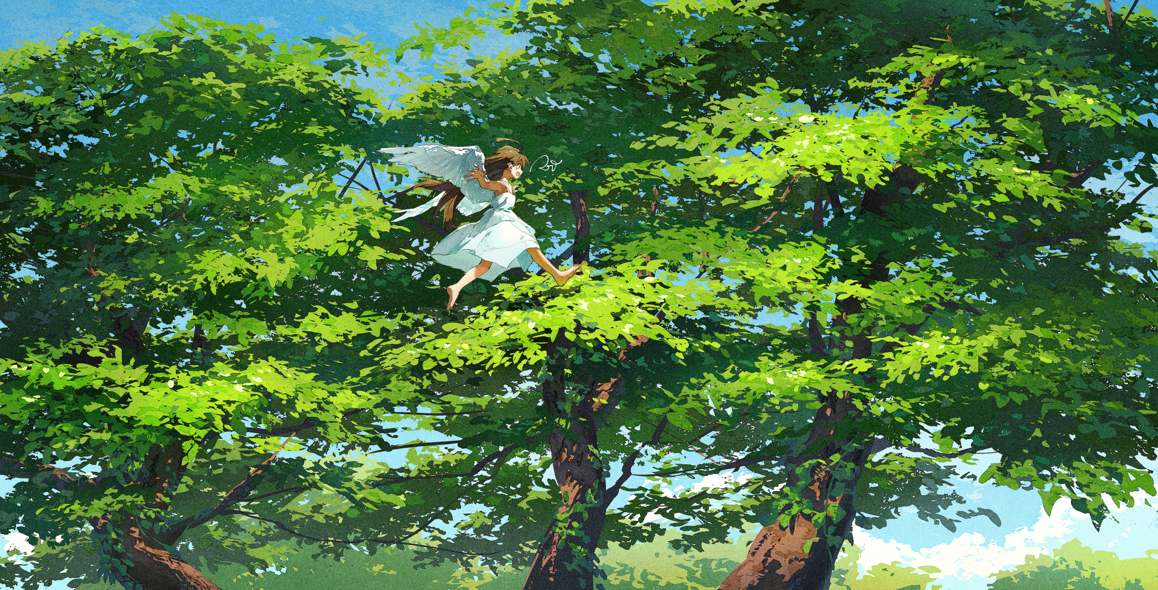 Potg Pixiv Anime Girls Wings Dress Signature Trees Running Feet Long Hair Brunette Clouds Digital Ar 2272x1158