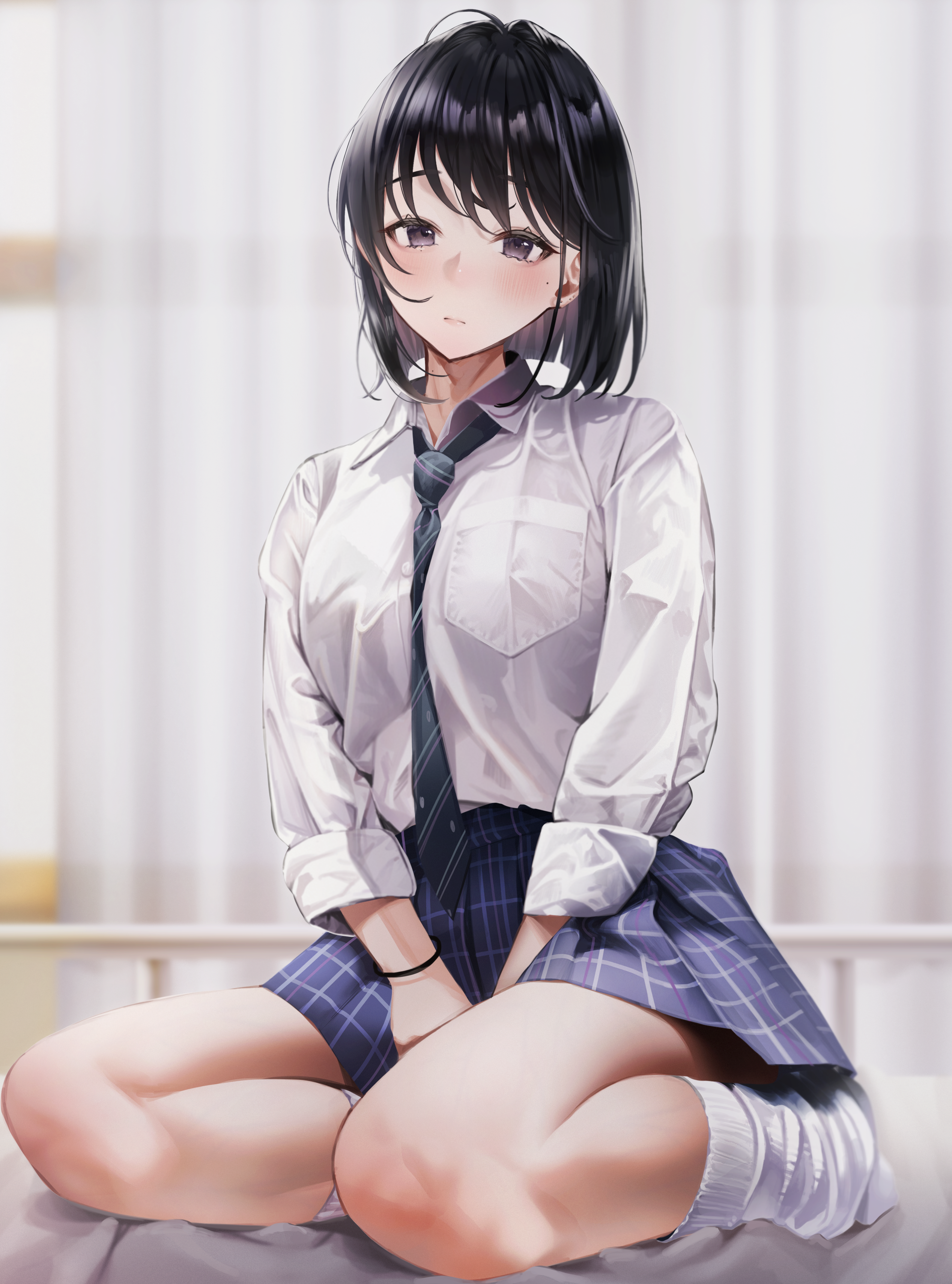 Anime Anime Girls School Uniform Schoolgirl Tie Black Hair Blouse Skirt Plaid Skirt Knees Sad Lookin 2537x3421