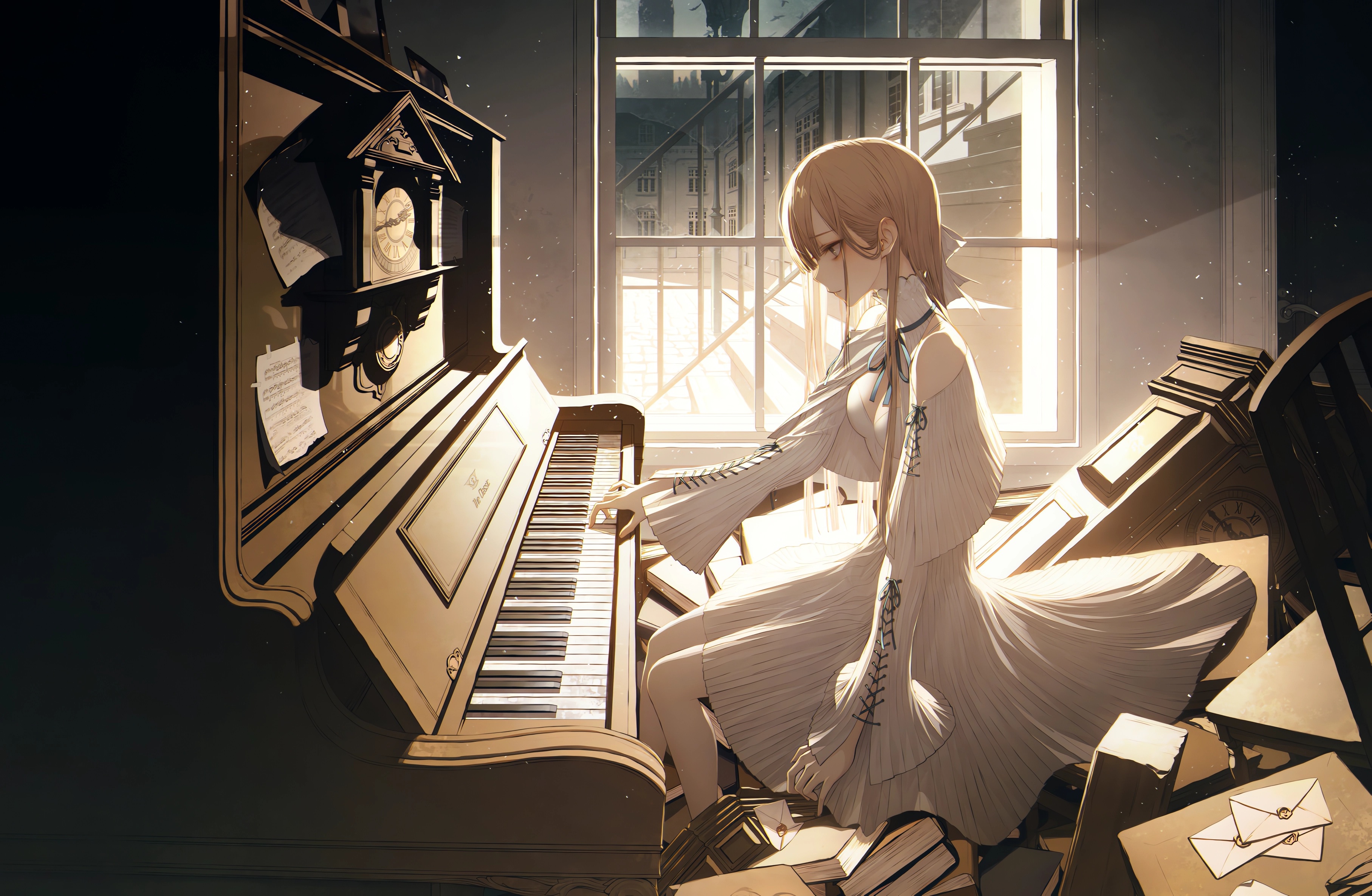 Anime Anime Girls Pixiv Original Characters Musical Instrument Piano Sitting Dress Frills Letter Boo 3630x2370