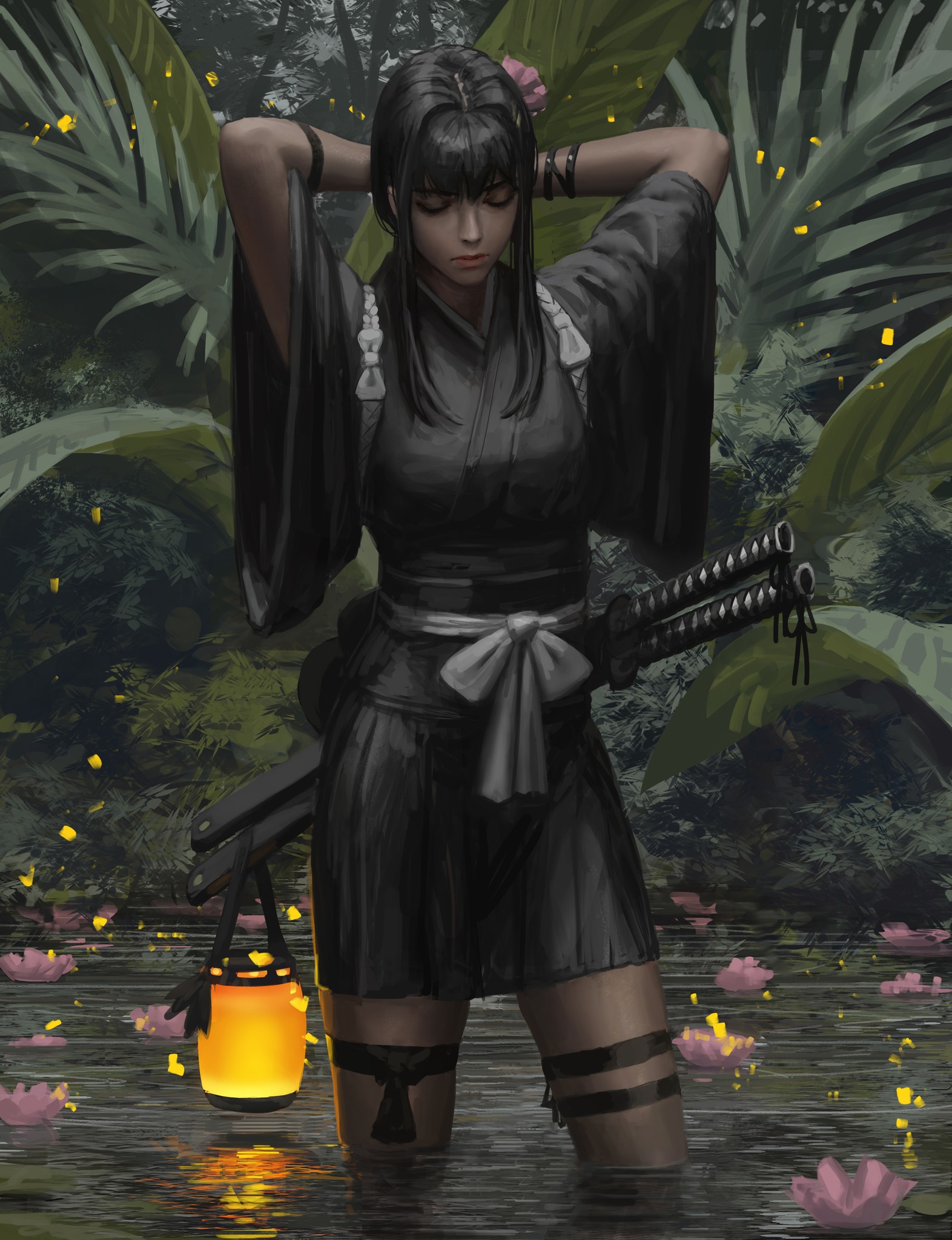 GUWEiZ Fantasy Girl Original Characters Artwork Digital Art Painting Women Dress Lantern Sword