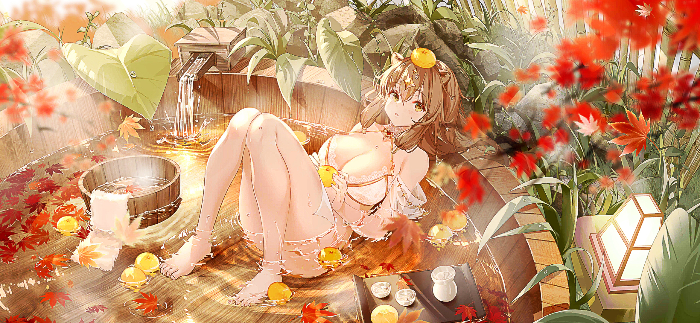 Maiden 039 S Tower Bath Towel Bathrobes Anime Girls Anime Games Game Characters Leaves 2340x1080
