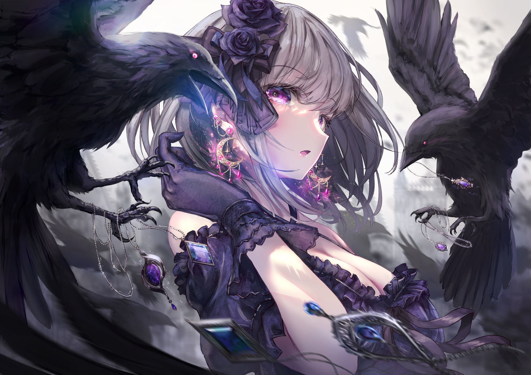 Anime Anime Girls Birds Raven Flower In Hair Gloves Necklace Jewelry Looking At Viewer Earring Anima 1842x1302