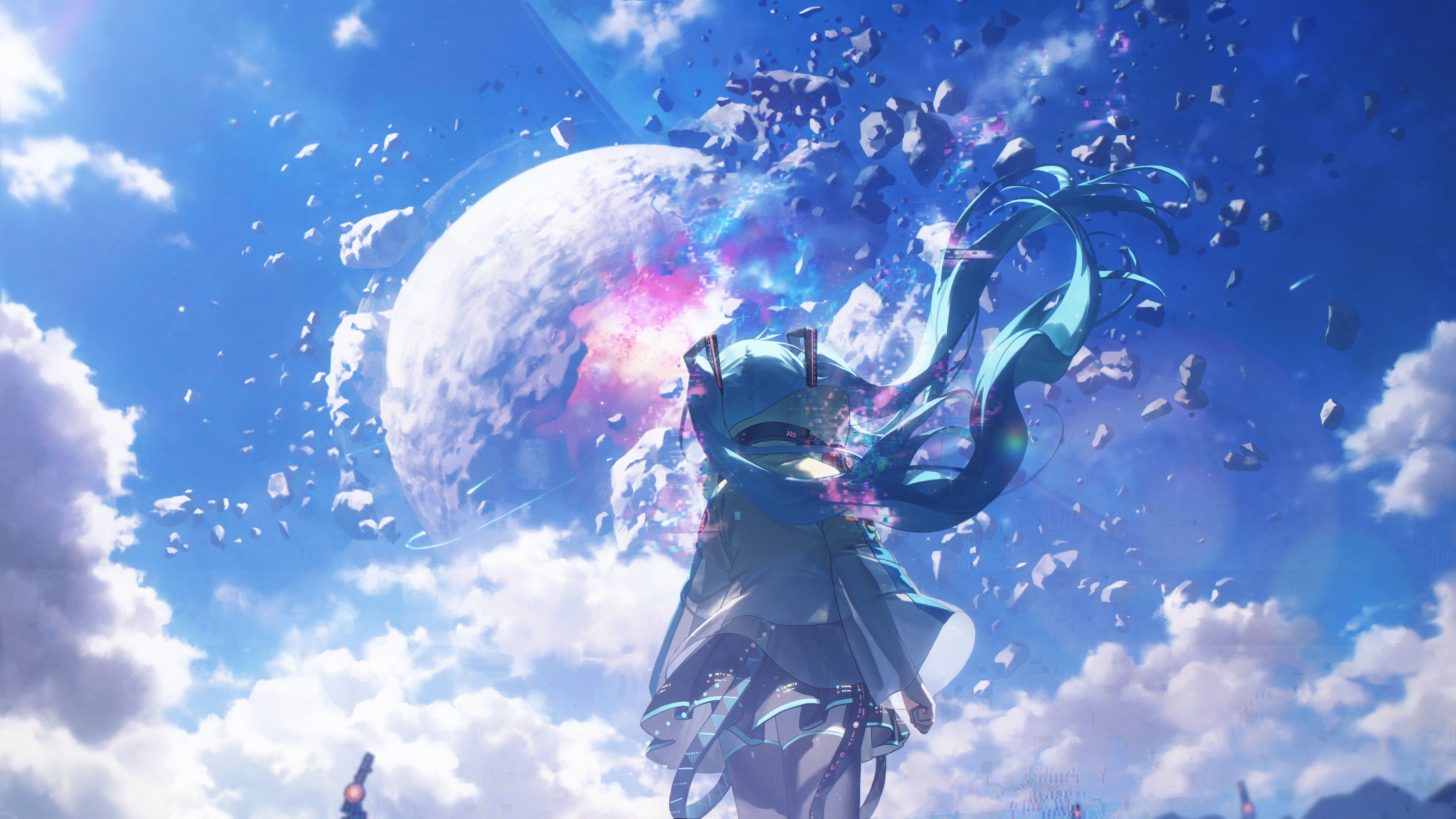 Anime Pixiv Hatsune Miku Vocaloid Anime Girls Sunlight Sky Clouds Planet Looking Up Standing Blue Ha 5333x3000