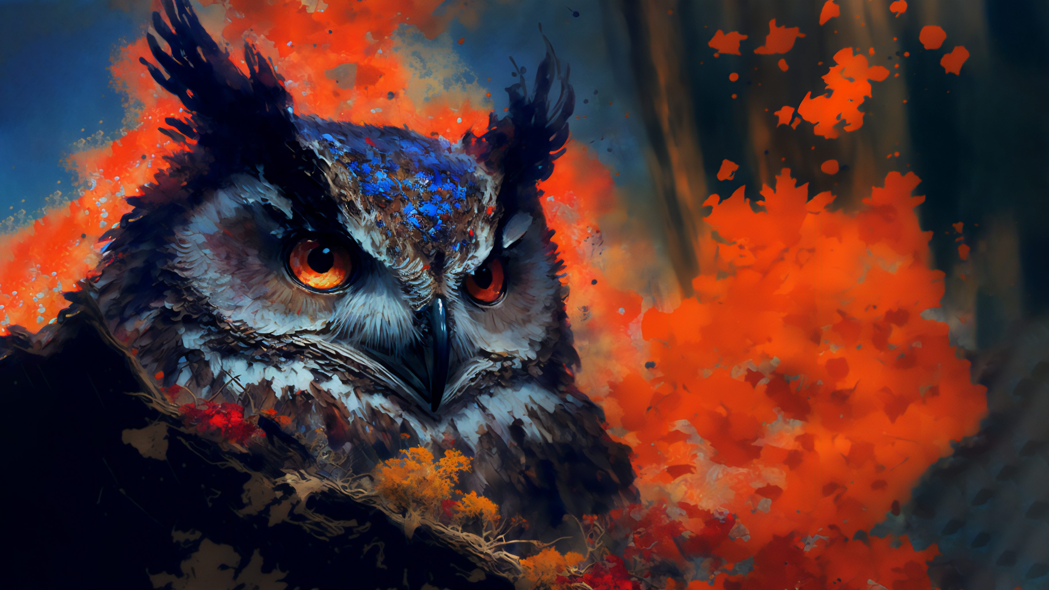Ai Art Owl Painting Animals Leaves Birds 3640x2048