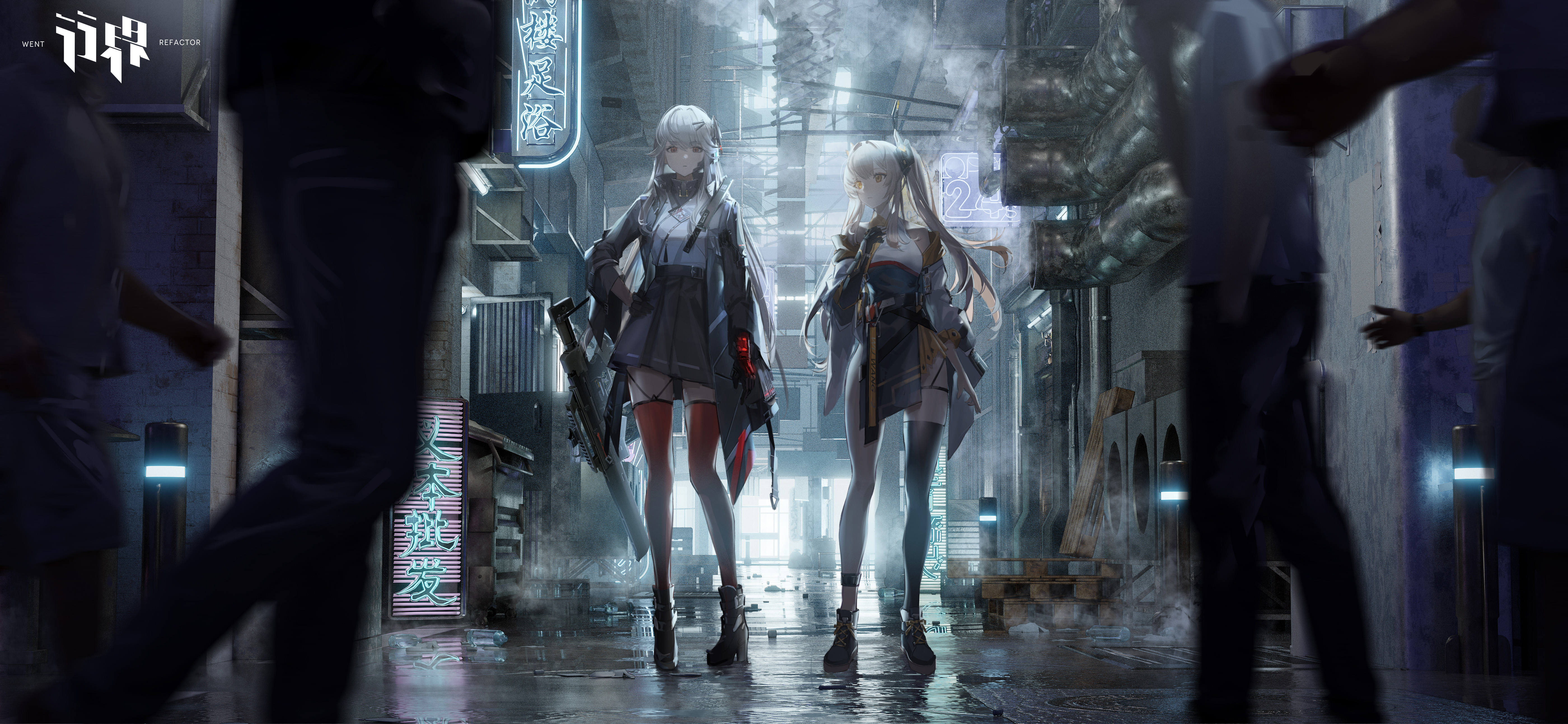 Anime Anime Girls Pixiv Standing Gun Gloves Hands On Hips Twintails Long Hair Looking At Viewer Neon 5602x2587