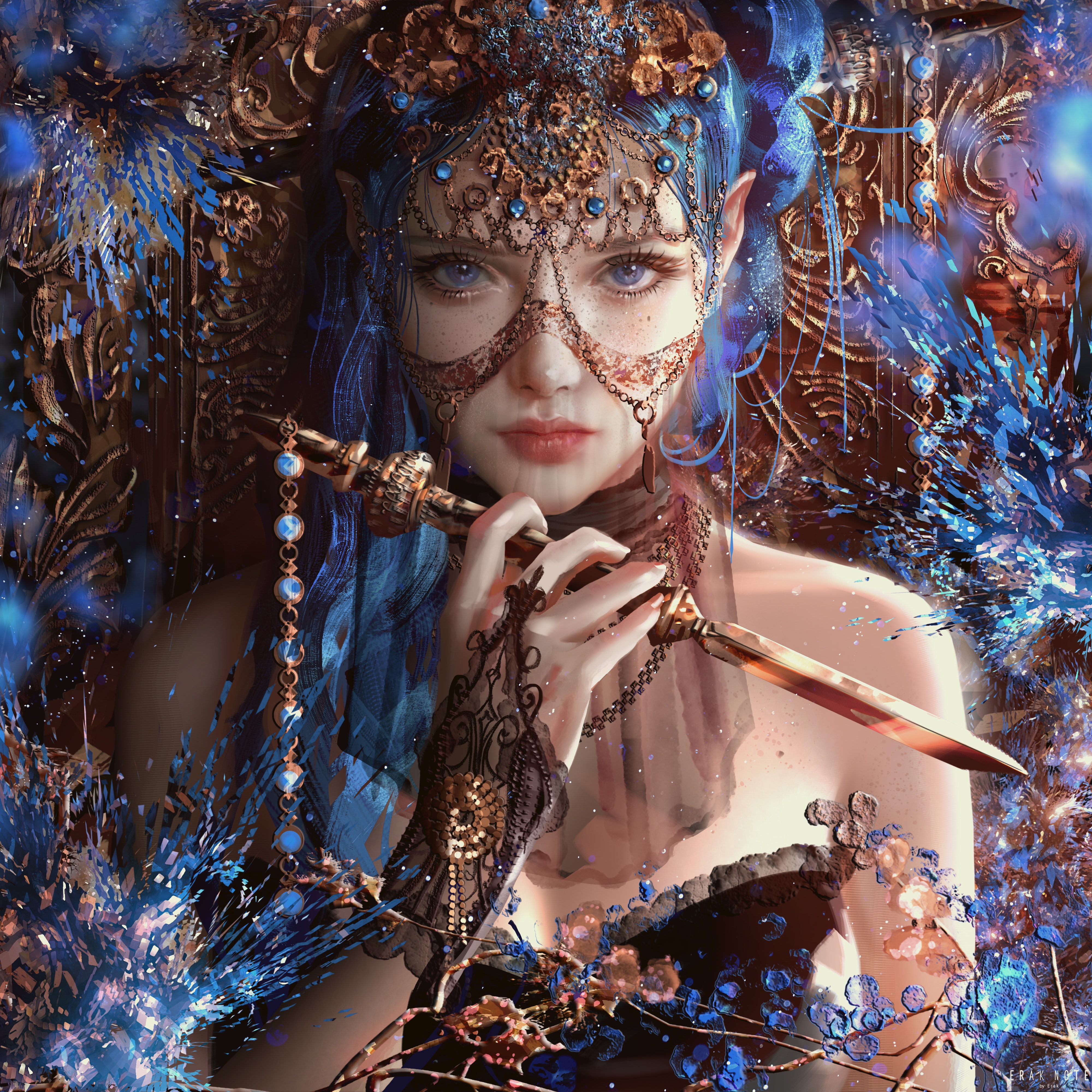 Erak Note Digital Digital Art Artwork Illustration Women Fantasy Girl Fantasy Art Jewel Knife Blue E 4000x4000