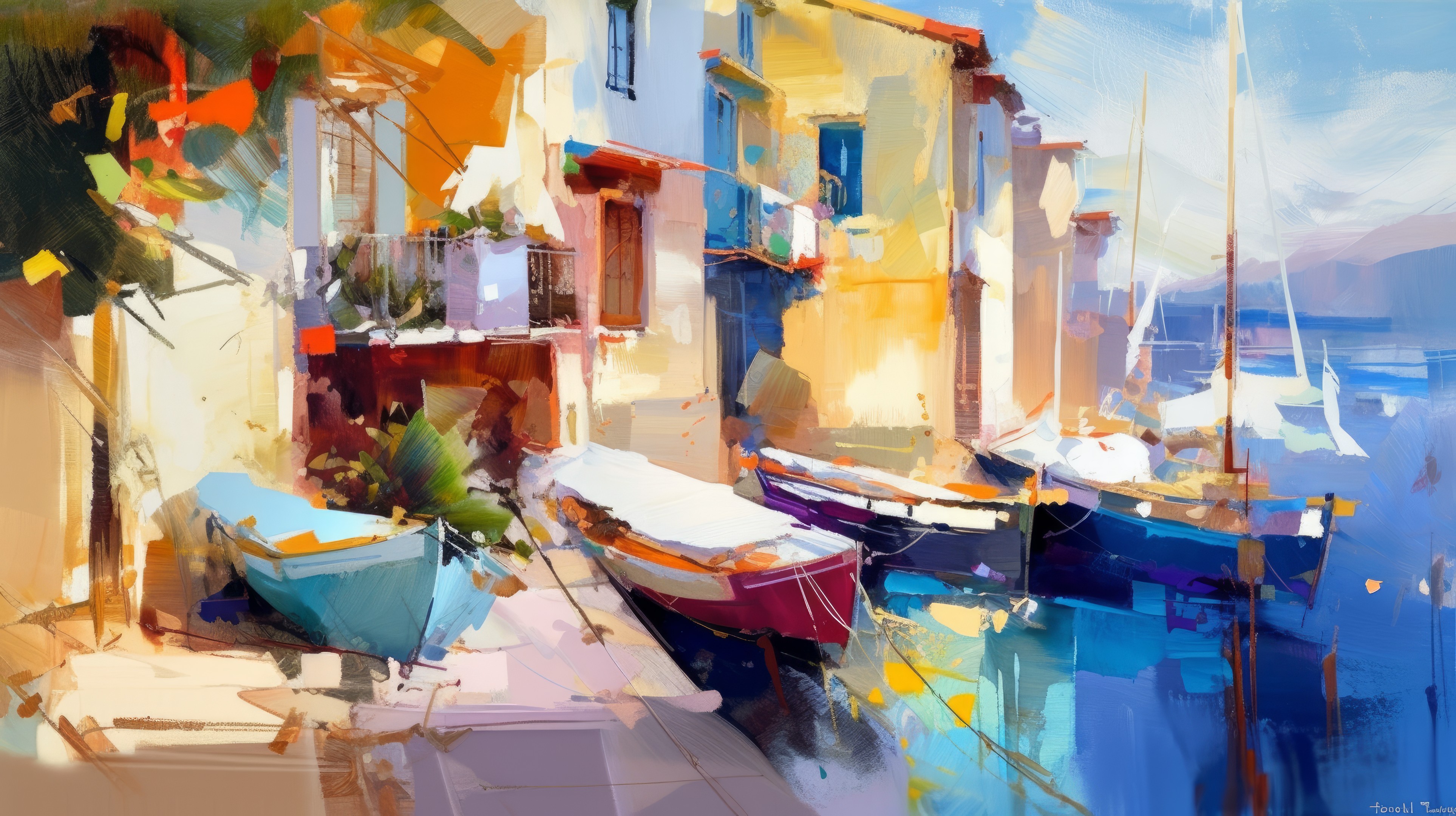 Ai Art Painting Boat Mediterranean Village Impressionism Water Building 3854x2160
