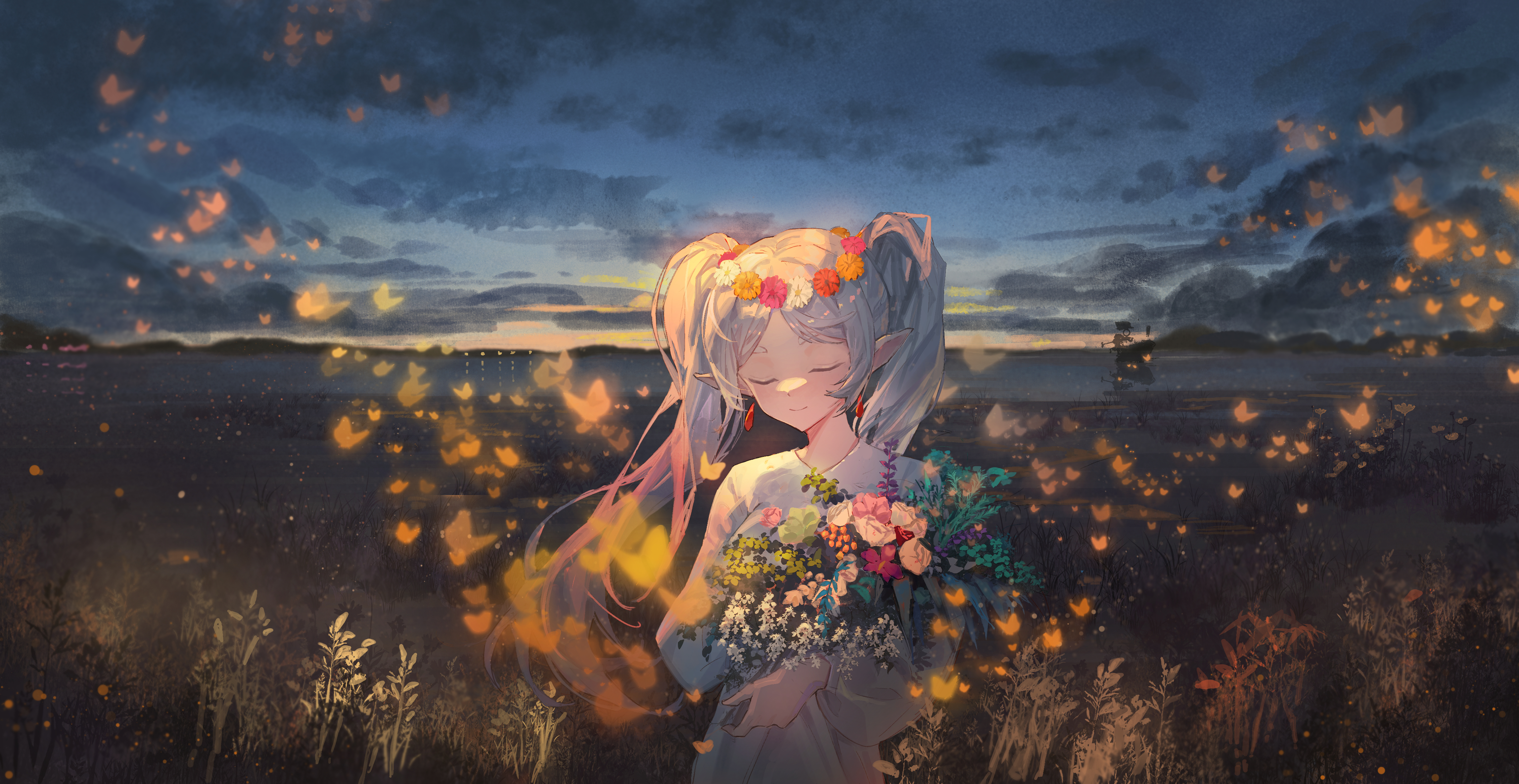 Anime Anime Girls Flowers Pointy Ears Flower Crown Field Sousou No Frieren Frieren Butterfly Twintai 4524x2336