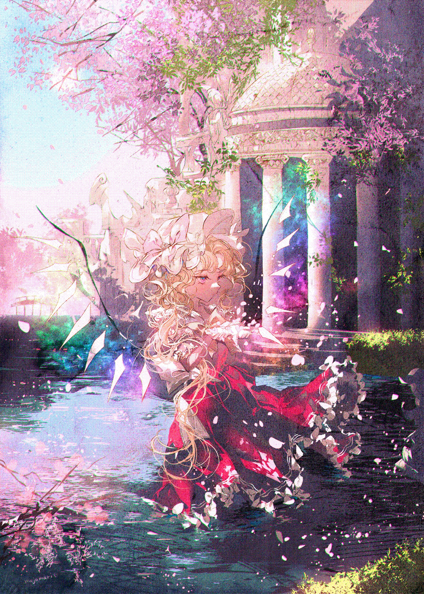 Anime Anime Girls Flandre Scarlet Touhou Portrait Display Water Dress Wings Petals Sunlight Signatur 1464x2048