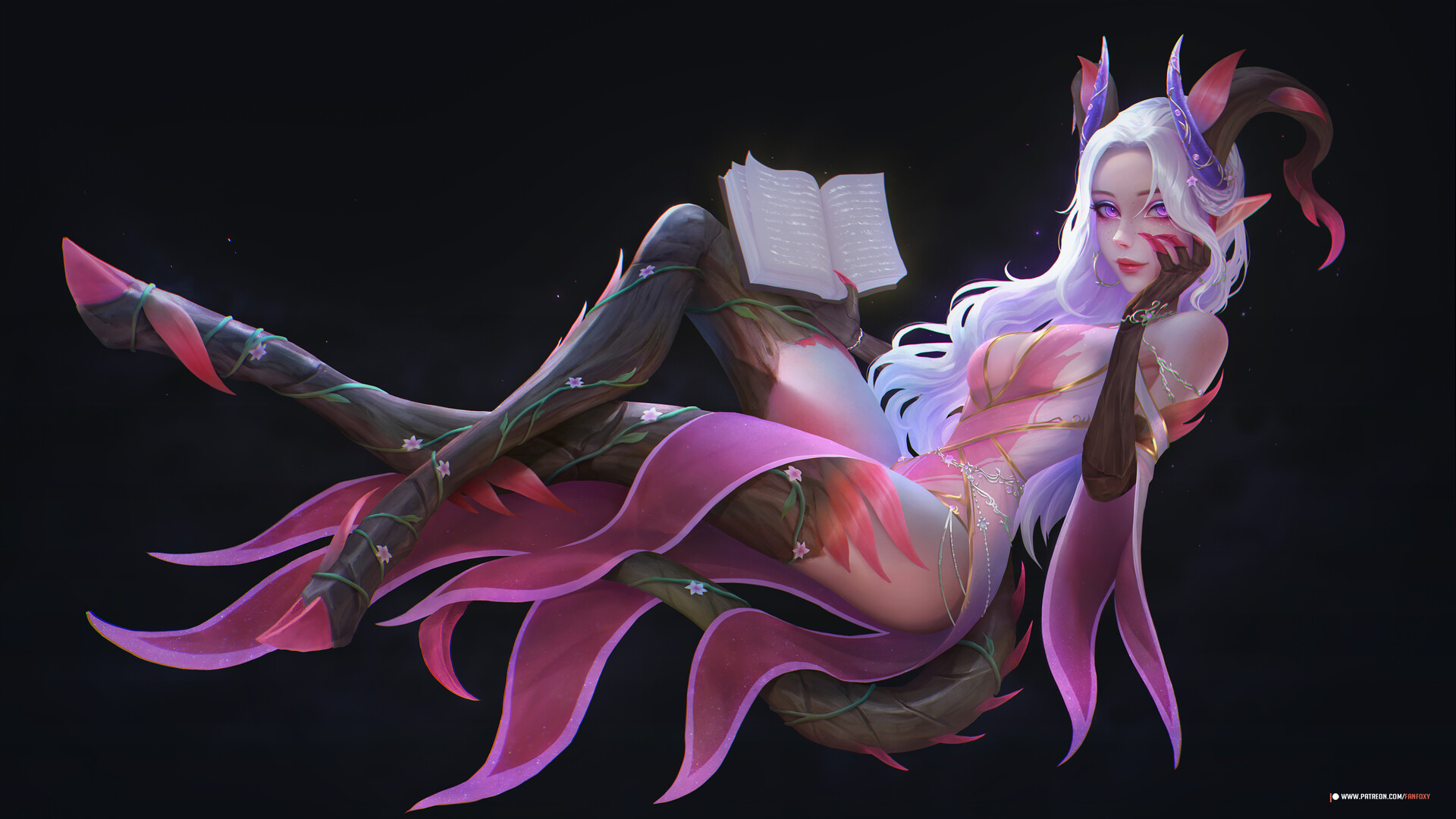 Fanfoxy Drawing Women Horns Pink Fantasy Art Legs Crossed Looking At Viewer Books Smiling Pointy Ear 1920x1080