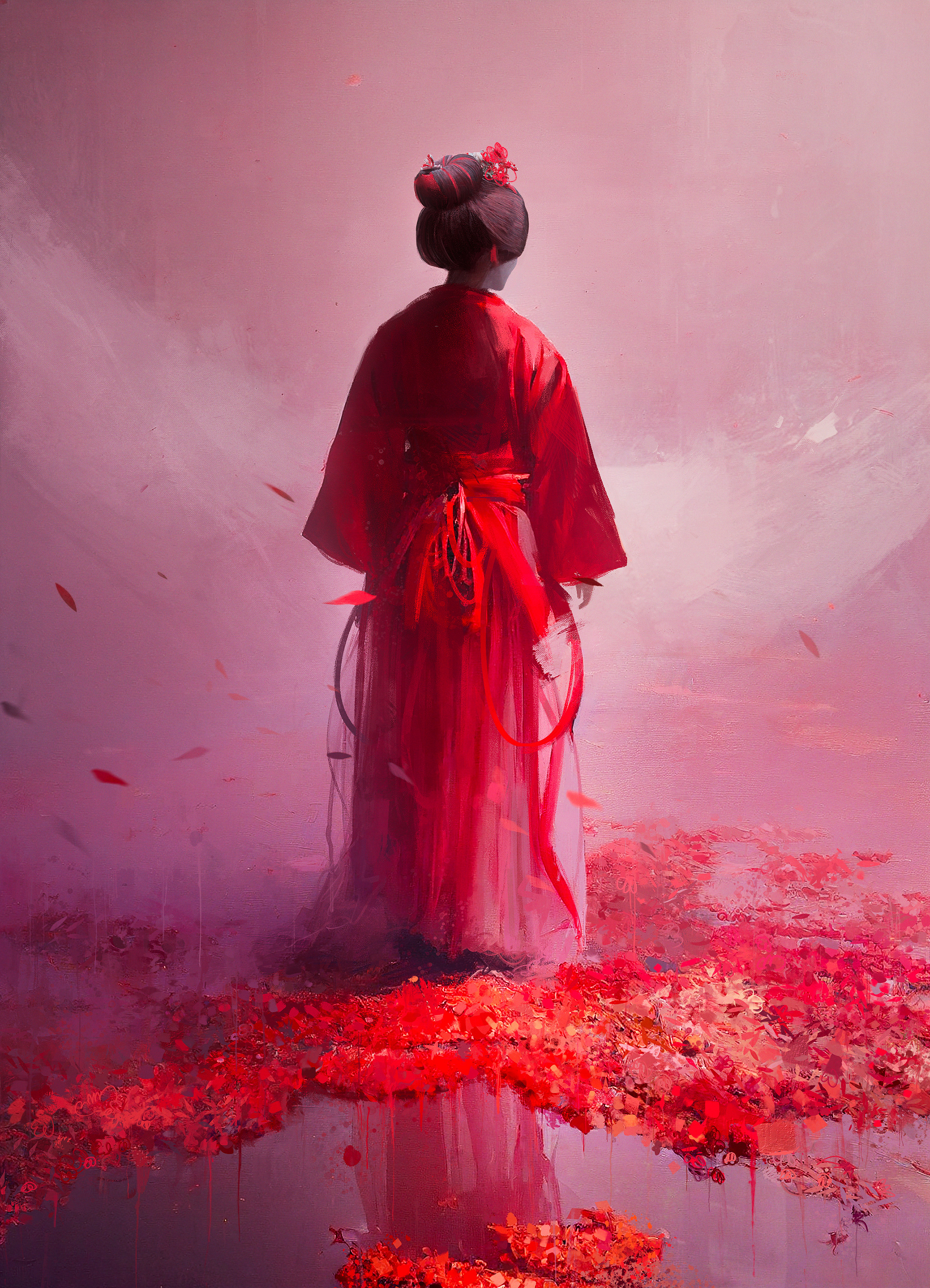 Thomas Dubois Digital Art Digital Painting Artwork Kimono Red Clothing Leaves Red Leaves Reflection 2311x3200