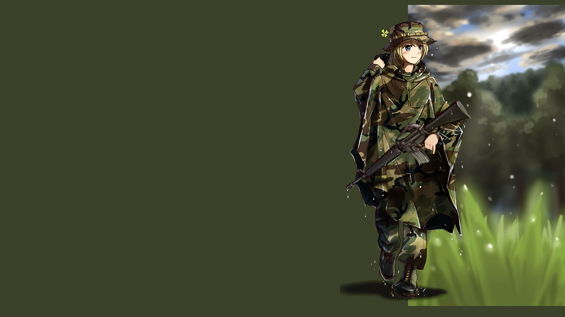 Anime Girls With Guns M16 A4 Anime Girls Uniform Hat Gun Smiling Looking Away Grass Sky Clouds Wet C 1920x1080