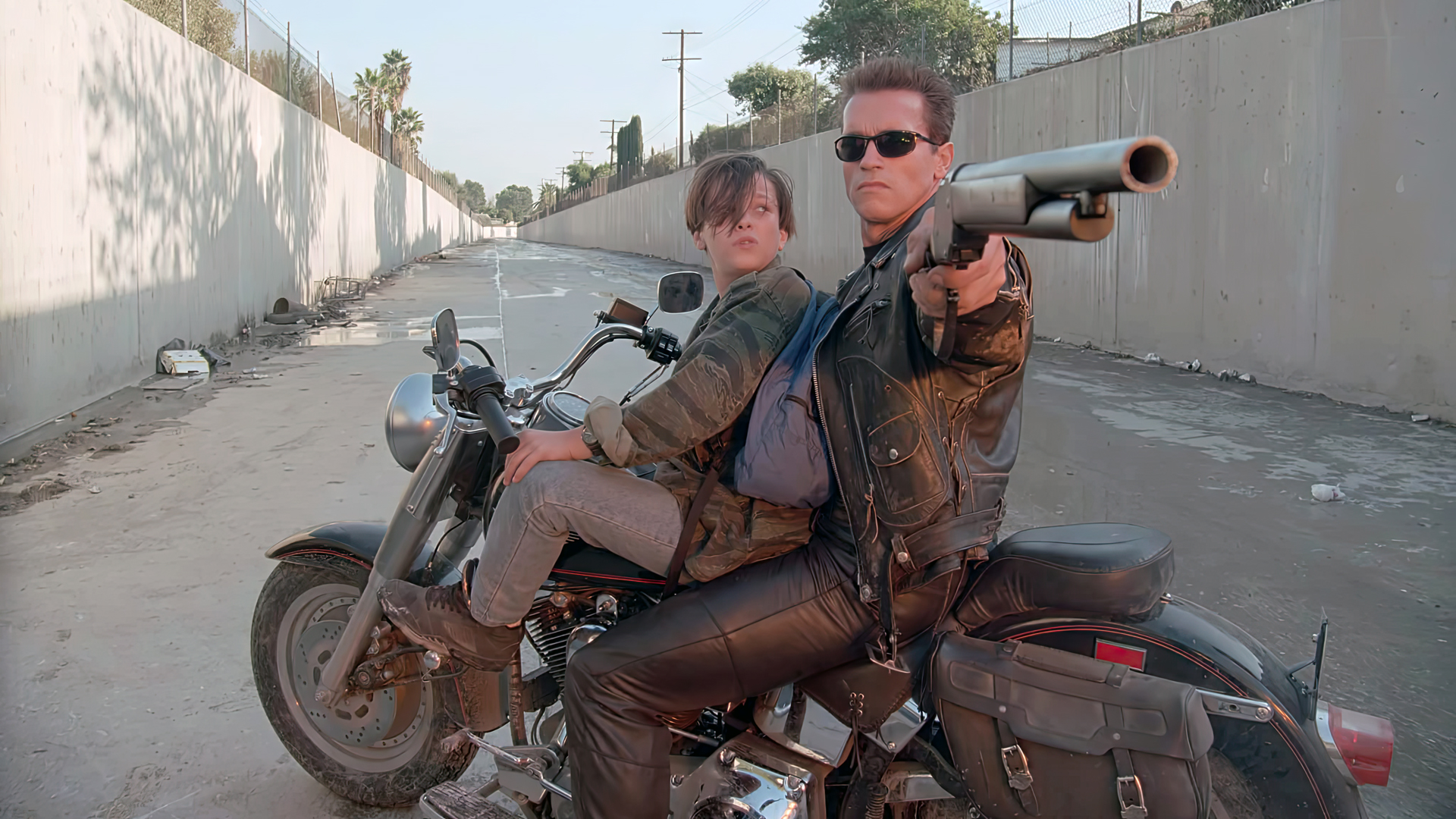 Terminator 2 Movies Film Stills Arnold Schwarzenegger Edward Furlong Actor T 800 Motorcycle Gun Los  1920x1080
