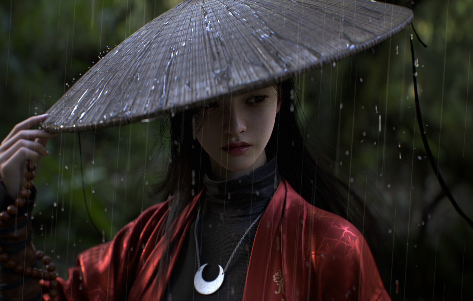 Kim Yeong Gyu CGi Women Samurai Hat Red Clothing Necklace Rain Digital Art 1920x1222