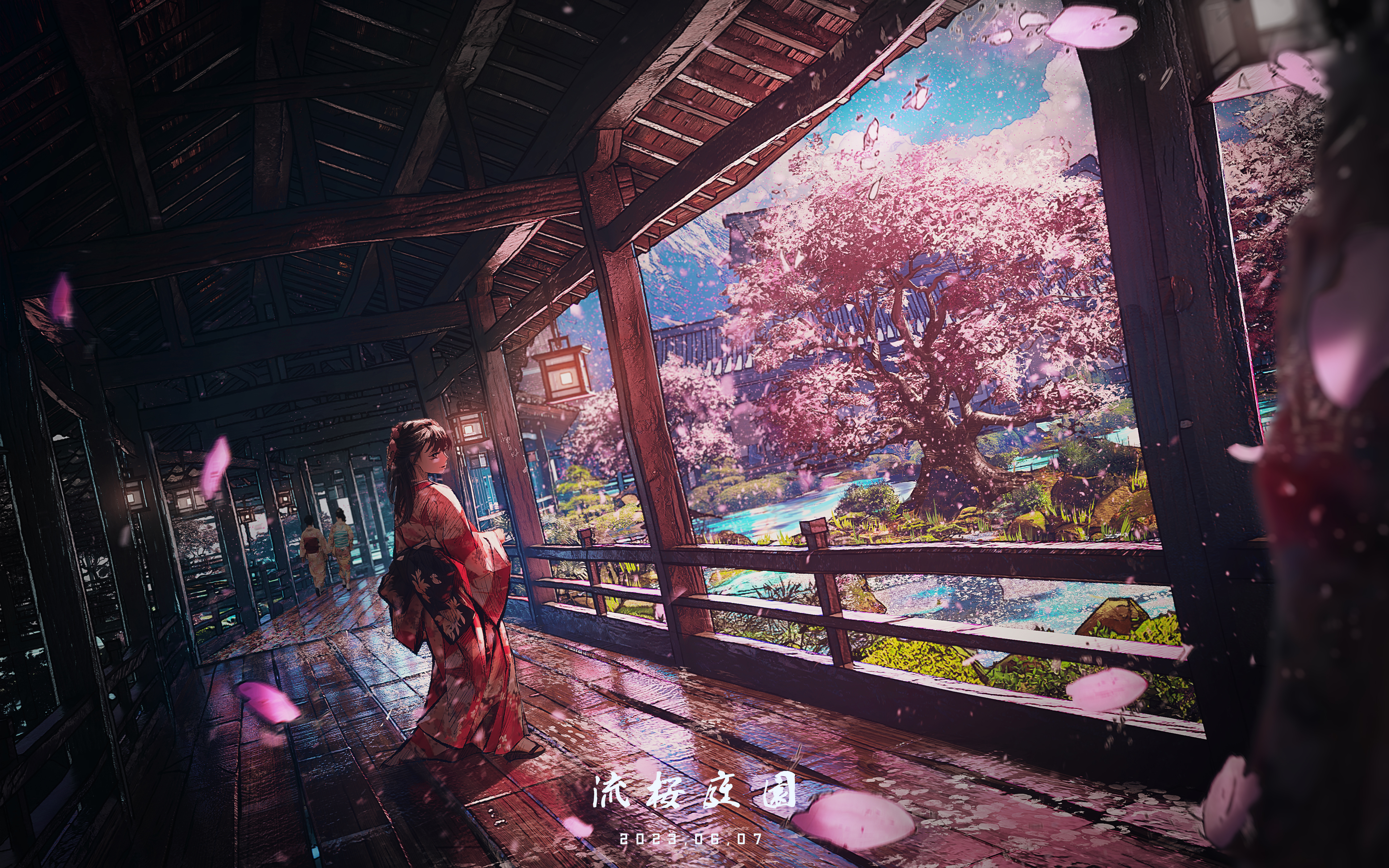Anime Girls Architecture Japanese Clothes Trees Wooden Floor Kimono Cherry Blossom Petals Depth Of F 4500x2813