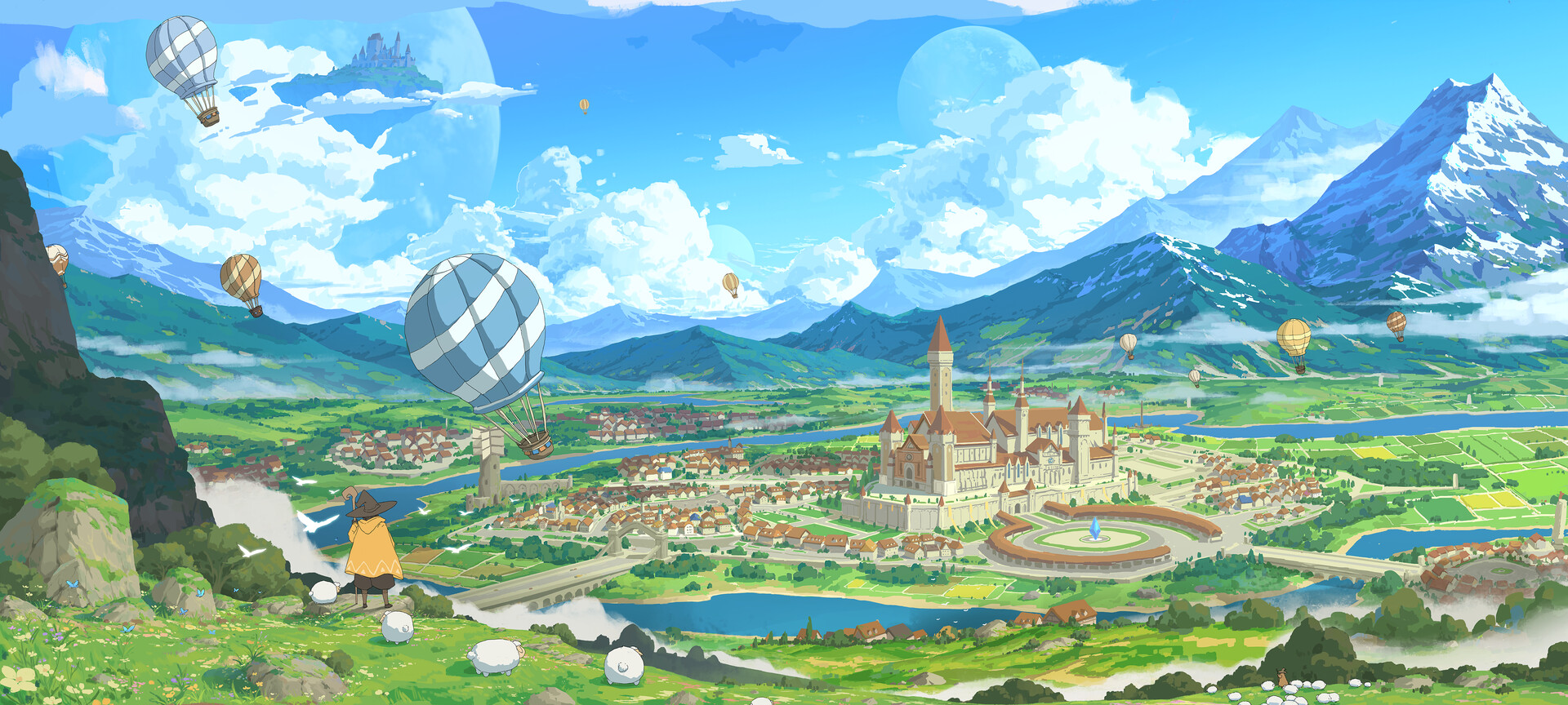 Digital Art Mountains Clouds Water Hot Air Balloons City Animals Sheep Cityscape Sky 1920x864
