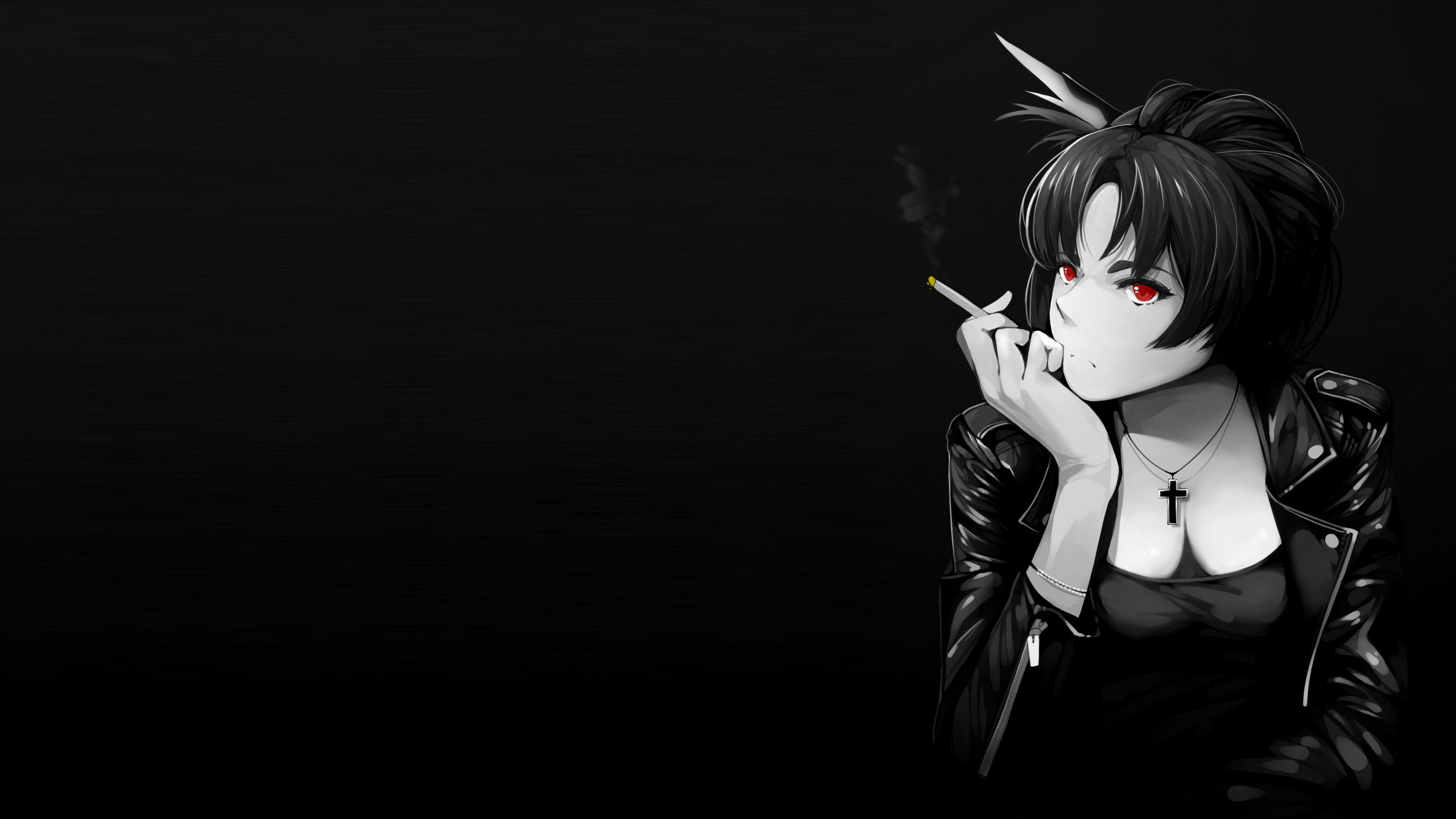 Anime Girls Selective Coloring Black Background Simple Background Dark Background Cigarettes Smoke 3120x1755