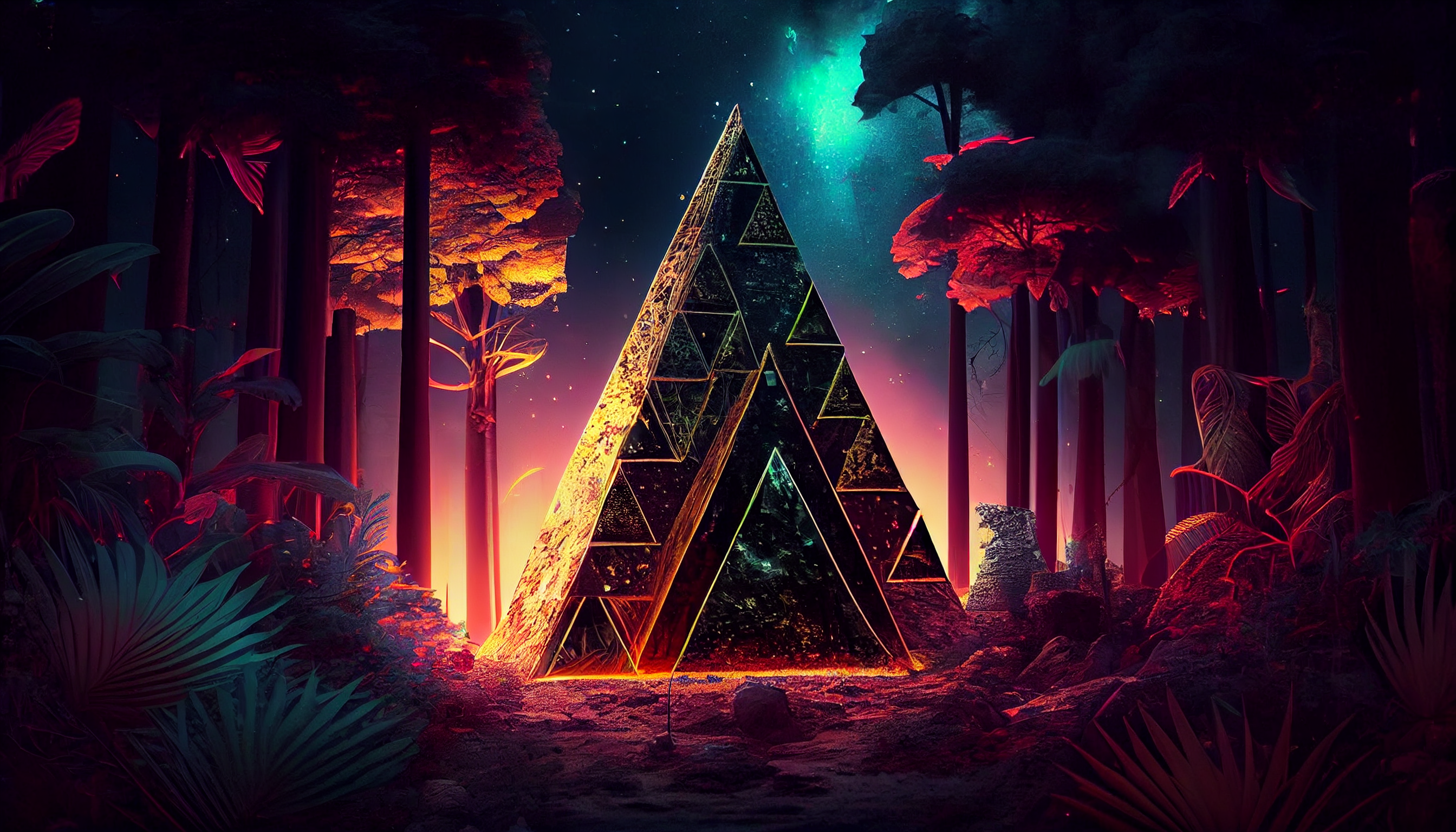 Tropical Tropical Forest Jungle Trees Nature Ai Art Neon Digital Art Midjourney Pyramid Geometric Fi 2688x1536