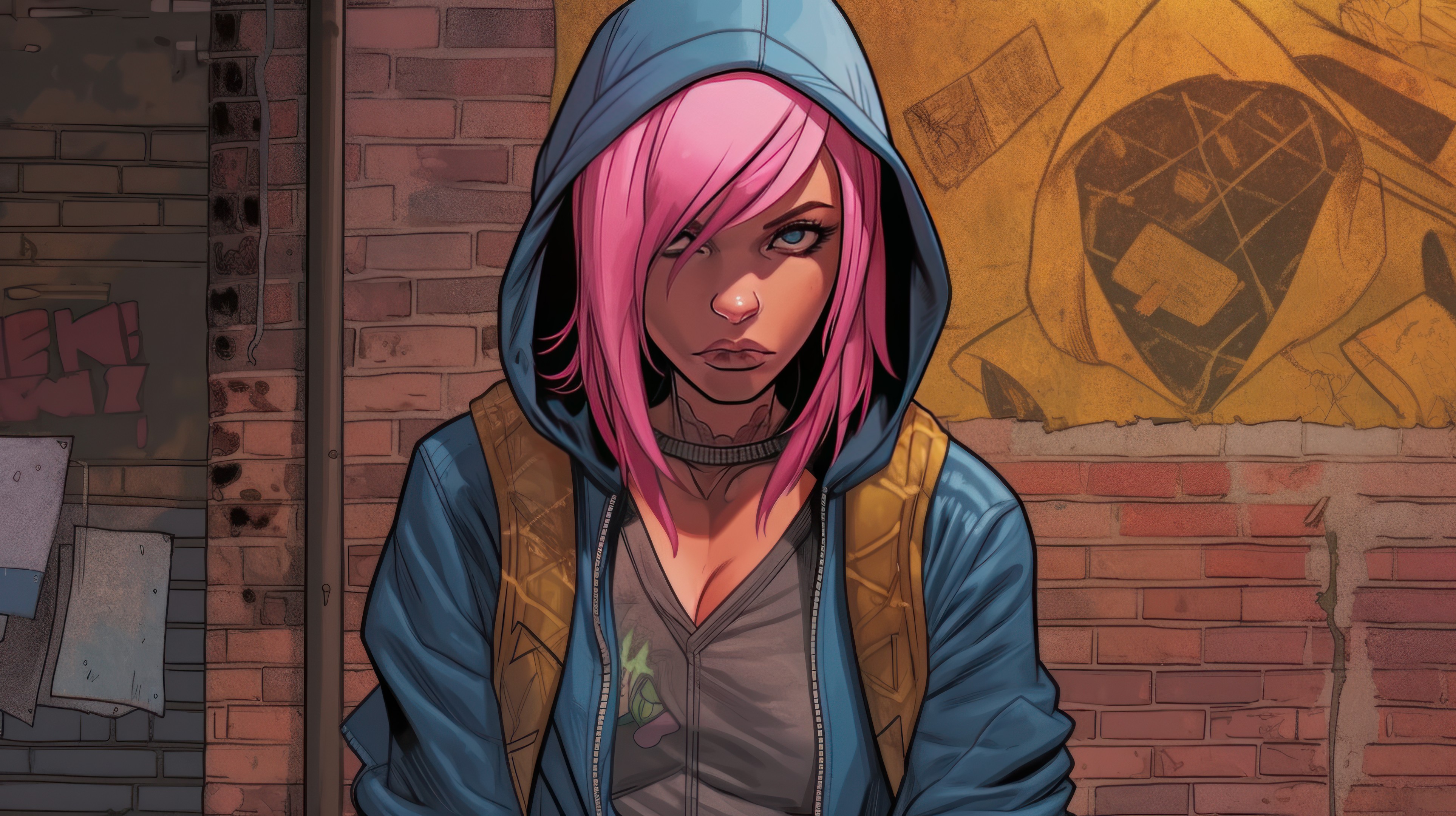 Ai Art Women Comics Pink Hair Hooded Jacket Alleyway Looking At Viewer 3854x2160