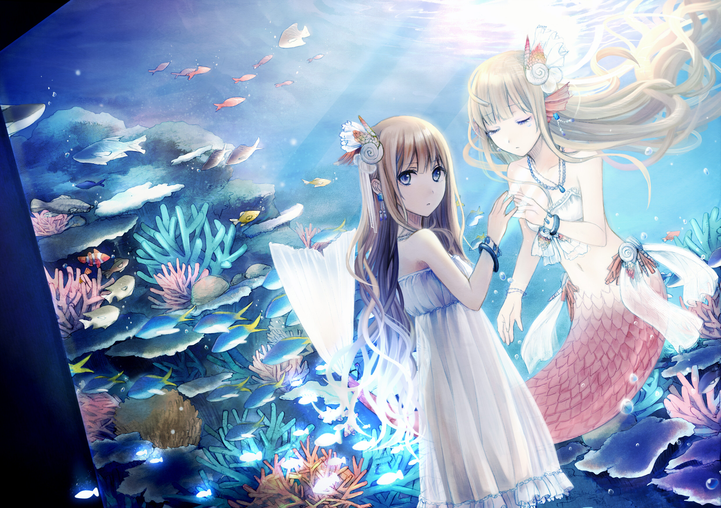 Anime Anime Girls Coral In Water Water Looking At Viewer Sunlight Fish Animals Closed Eyes Long Hair 2480x1748
