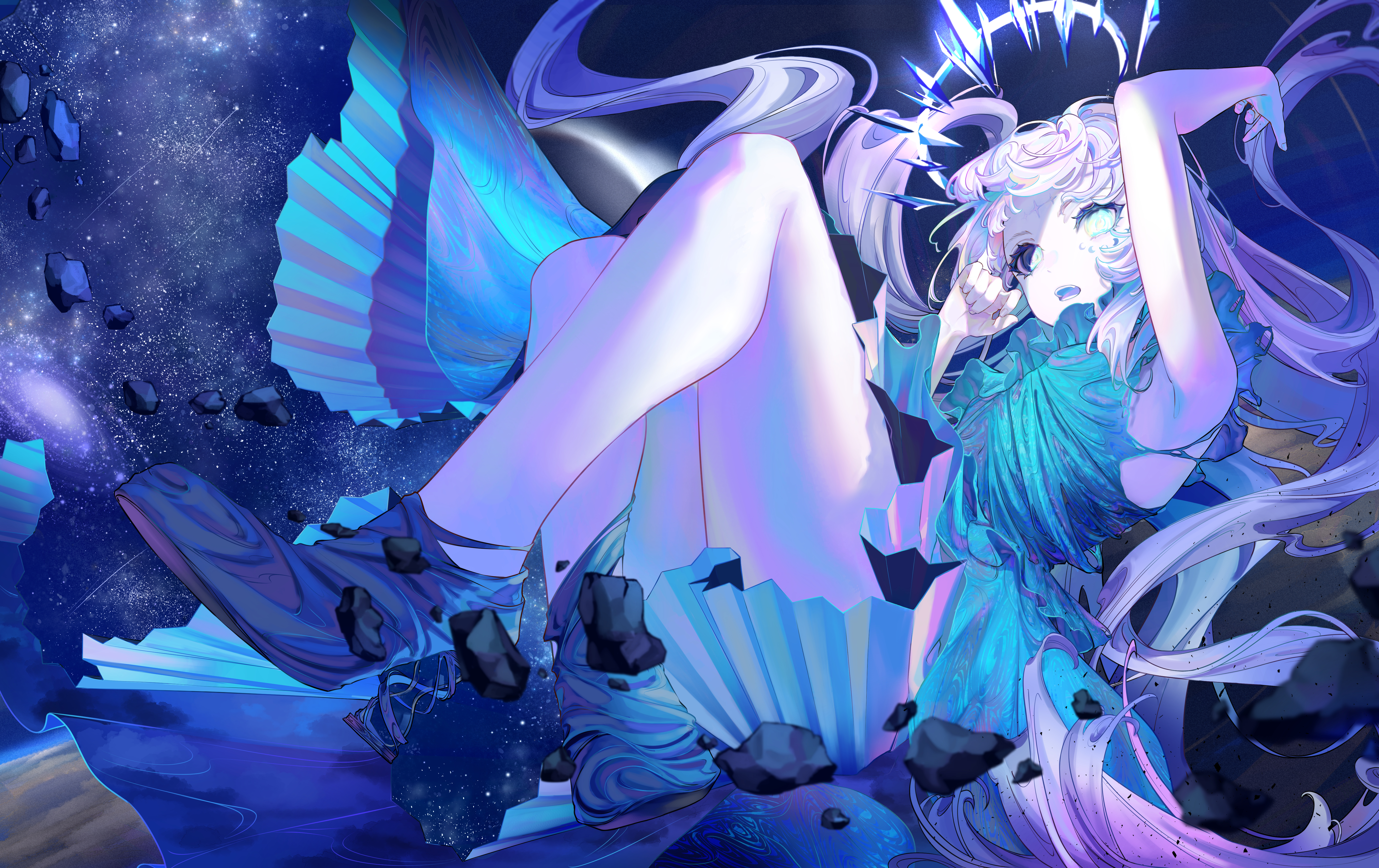 Anime Anime Girls Space Stars Dress Frills Rocks Legs White Hair Blue Eyes Looking At Viewer Bent Le 6000x3778