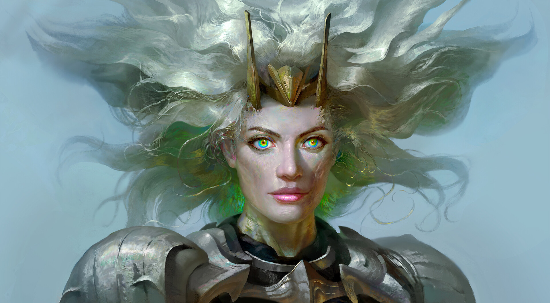 Nero Gen Digital Art Artwork Illustration Women Painting Multi Colored Eyes Armor Long Hair 1920x1058