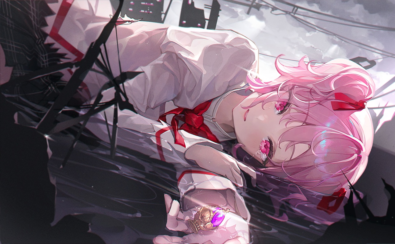 Anime Anime Girls Lying On Side Lying Down Pink Hair Pink Eyes Looking At Viewer Water Schoolgirl Sc 1294x800