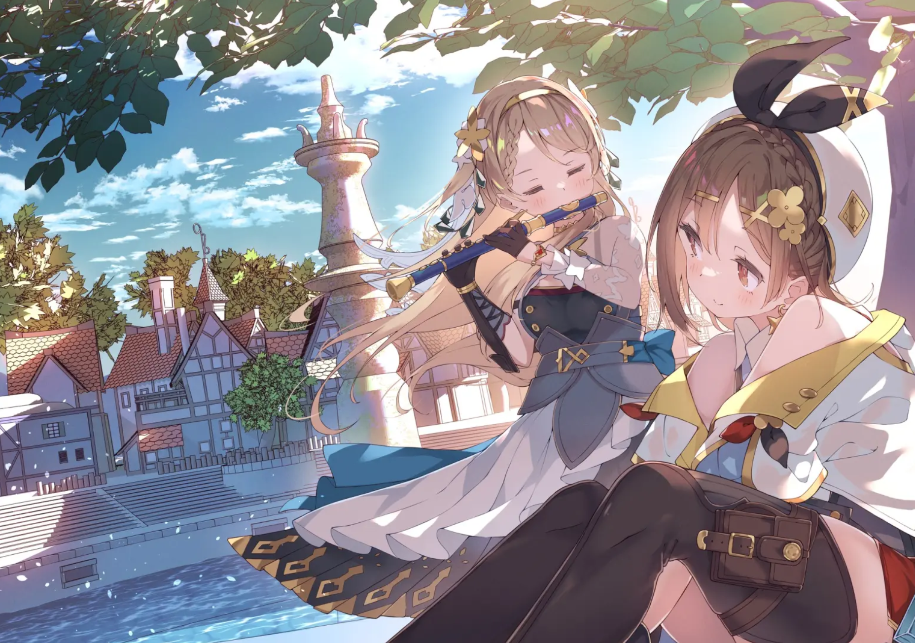 Atelier Ryza Anime Anime Girls Flute Leaves Water Brunette Braided Hair Smiling Gloves Clouds Sky Vi 1856x1305