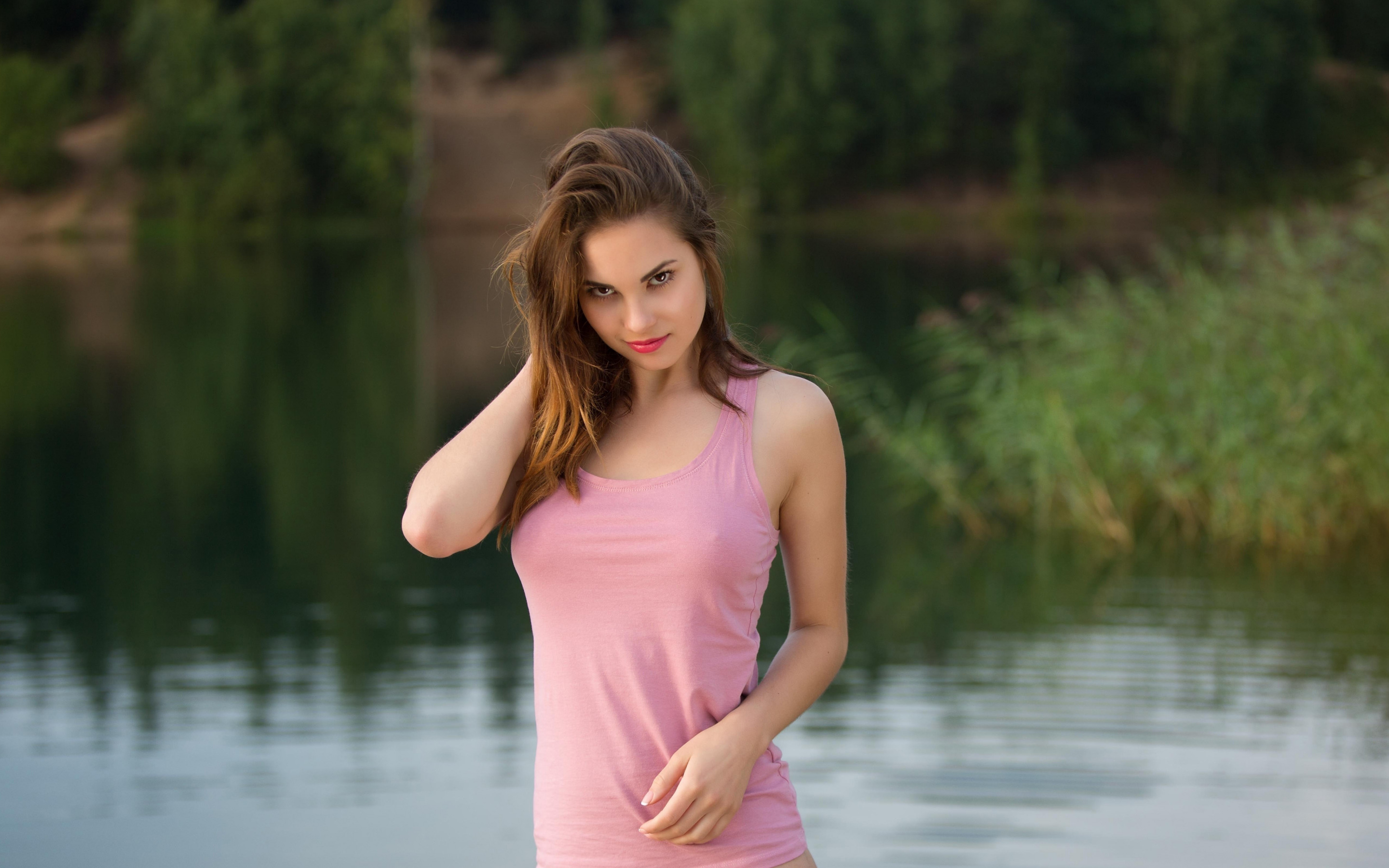 Model Hands In Hair Pink Dress Standing Women Outdoors Pink Lipstick 2880x1800