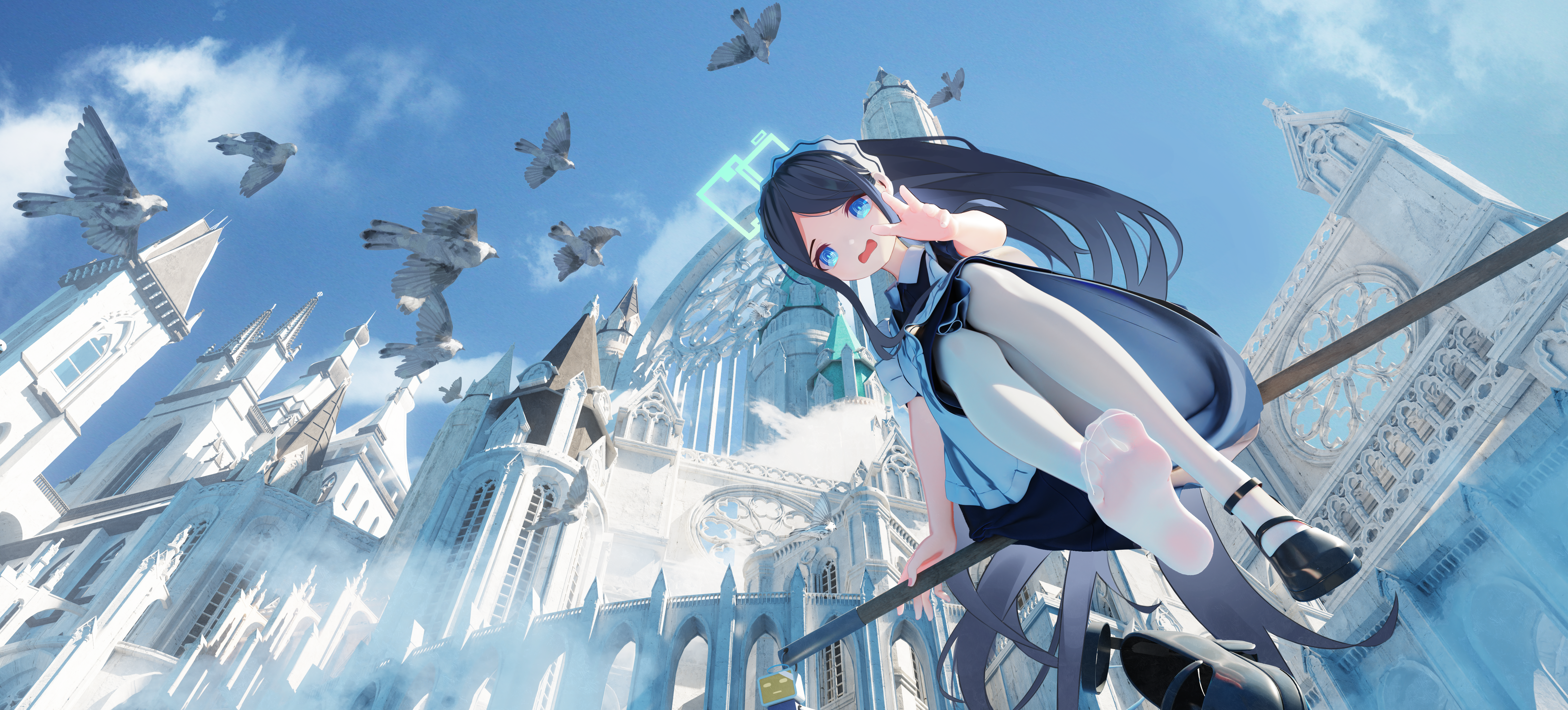 Anime Girls Maid Blue Archive Tendou Alice Blue Archive Blue Eyes Birds Sky Clouds Feet Long Hair Lo 5760x2610