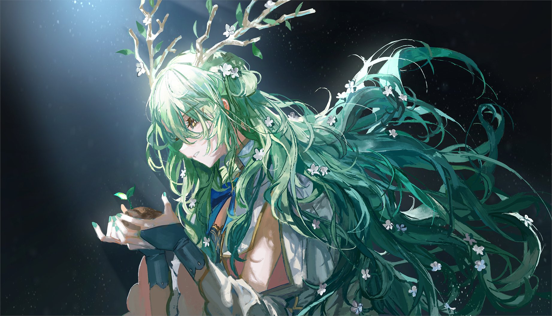 Hololive English Hololive Anime Girls Virtual Youtuber Ceres Fauna Green Hair Antlers Mother Flower  1843x1055
