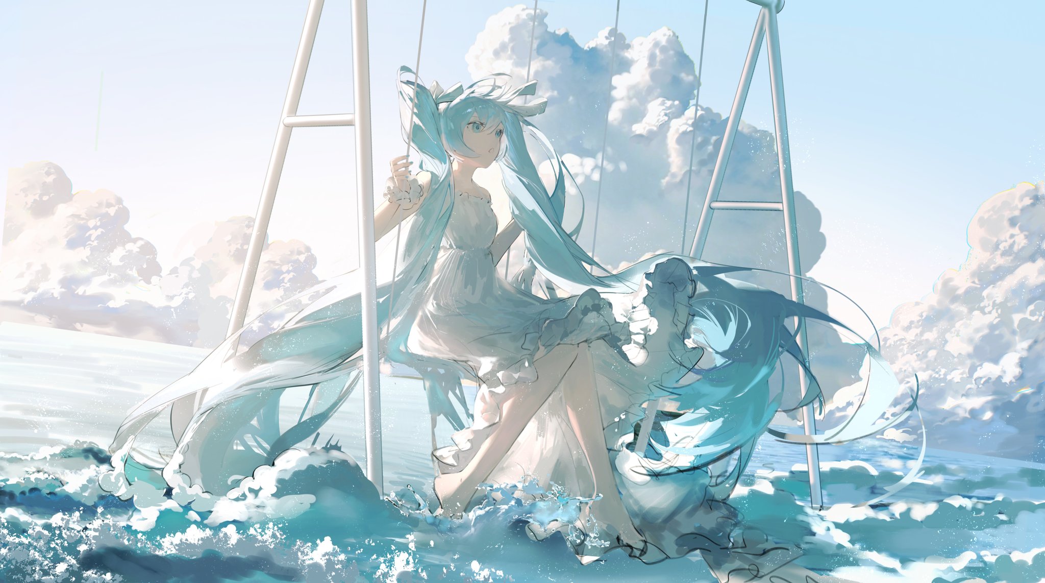 Anime Anime Girls Hatsune Miku Swings Vocaloid Twintails Blue Hair Blue Eyes Water Waves Sitting Loo 2048x1142