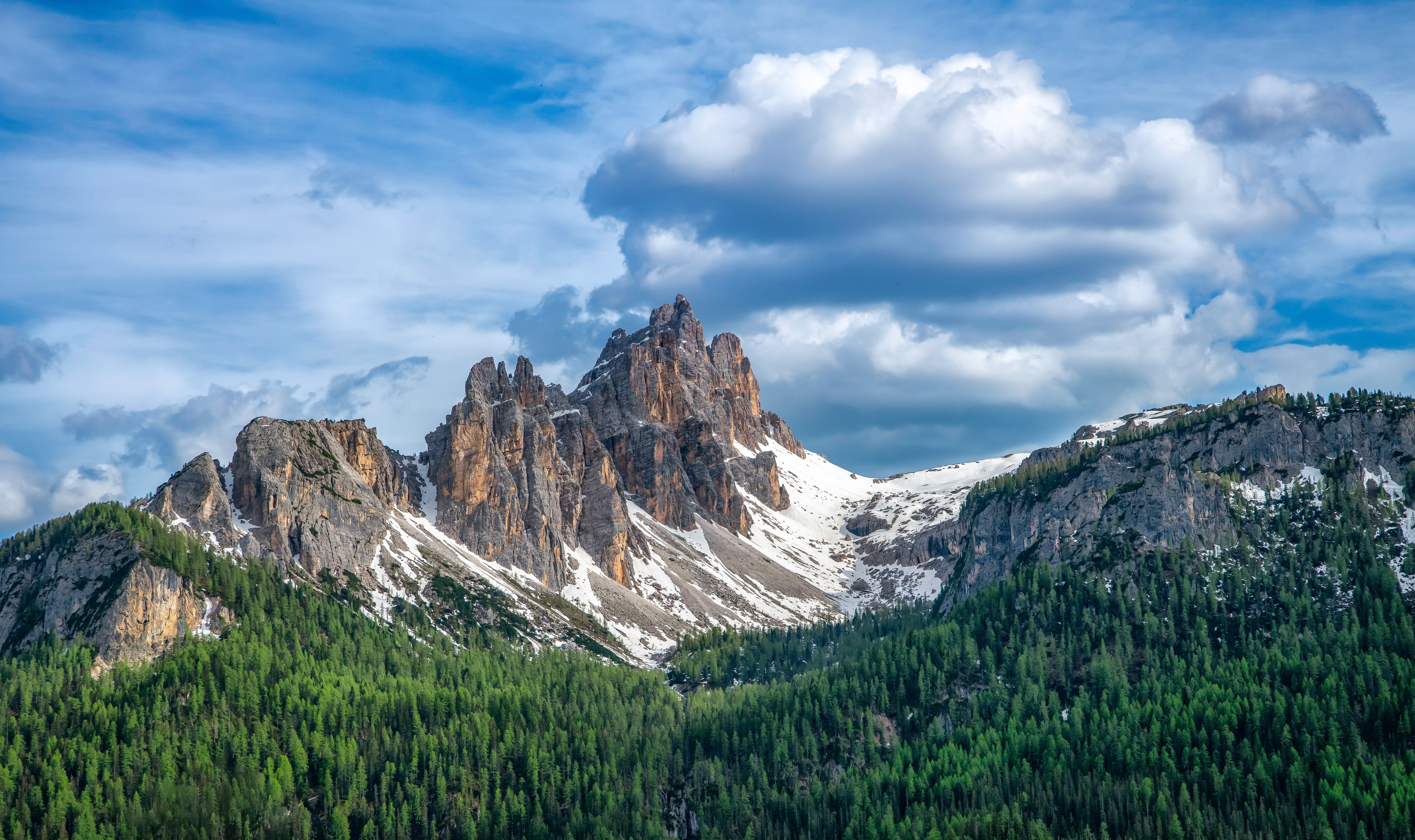 Photography Landscape Nature Dolomites Italy Mountains Forest Trees Clouds Snow Sky 5120x3039