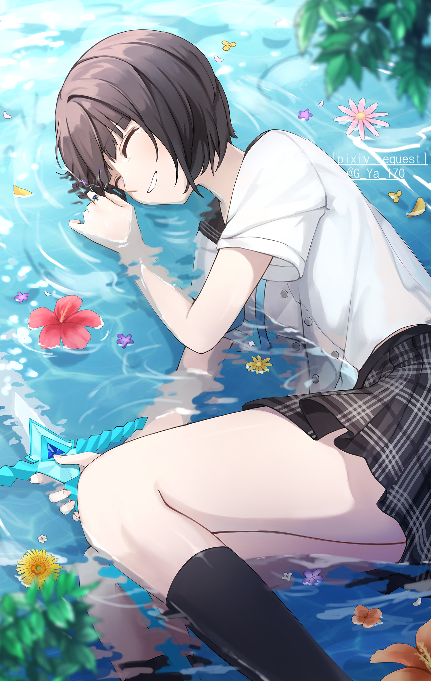CG Anime Girls School Uniform Water Flowers Closed Eyes 1500x2366