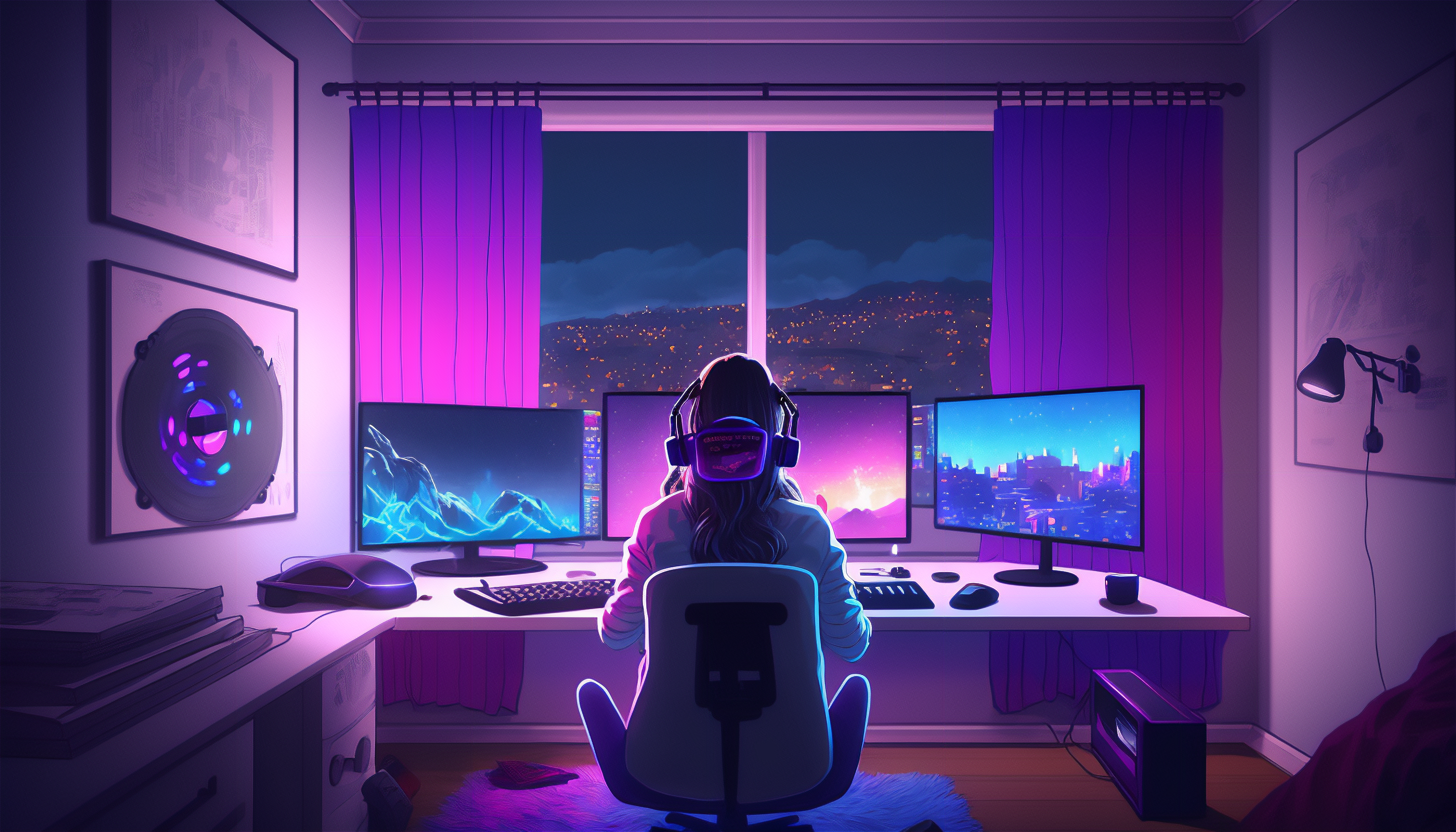 Ai Art Illustration Streaming Purple Computer Chair Window City Lights Headphones 3136x1792