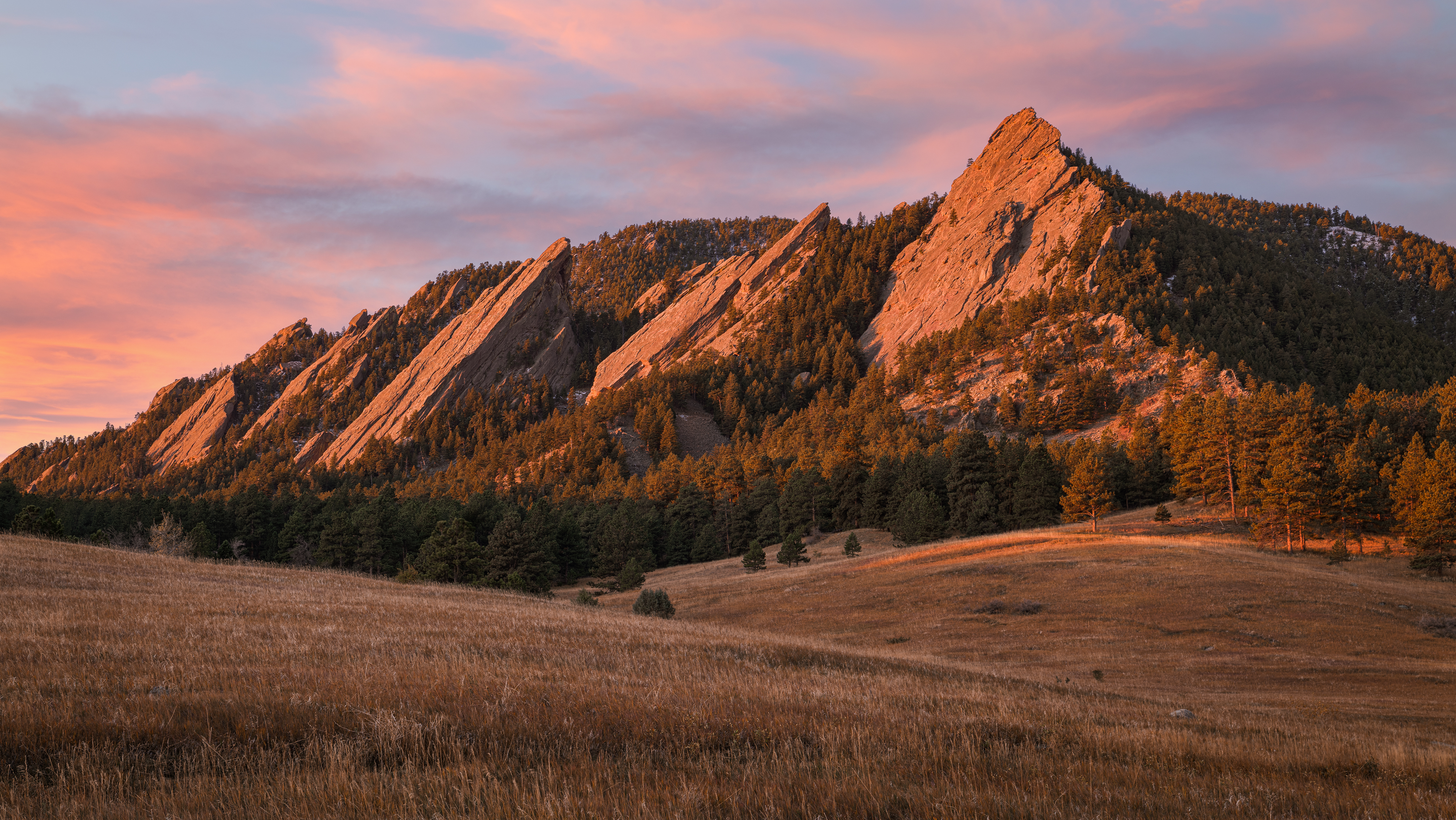 Landscape Sunrise Colorado Flatirons Nature Field Forest USA Mountains Trees 4183x2355