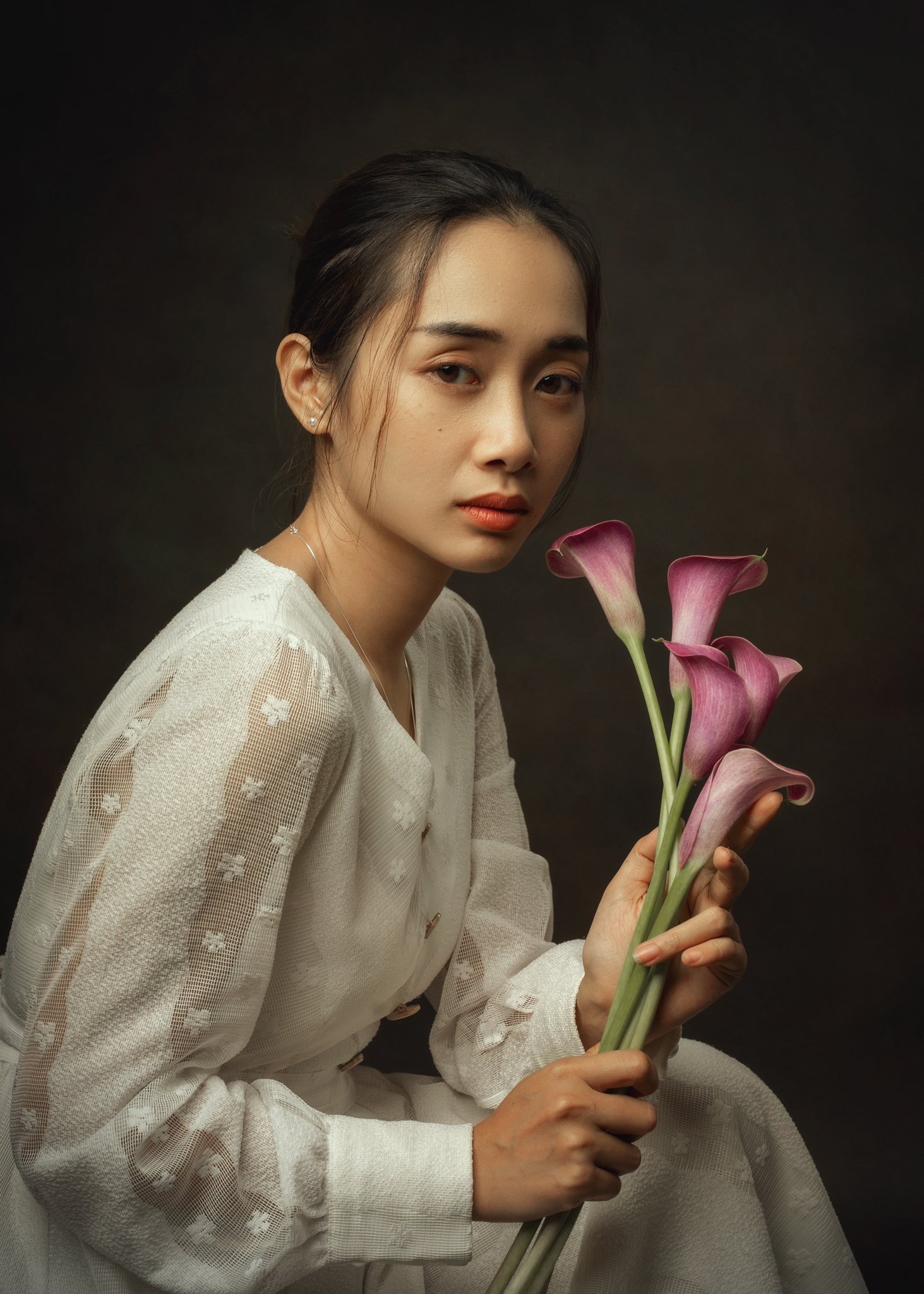 Hoang Nguyen Women Asian Dark Hair Makeup Flowers White Clothing Simple Background 1463x2048
