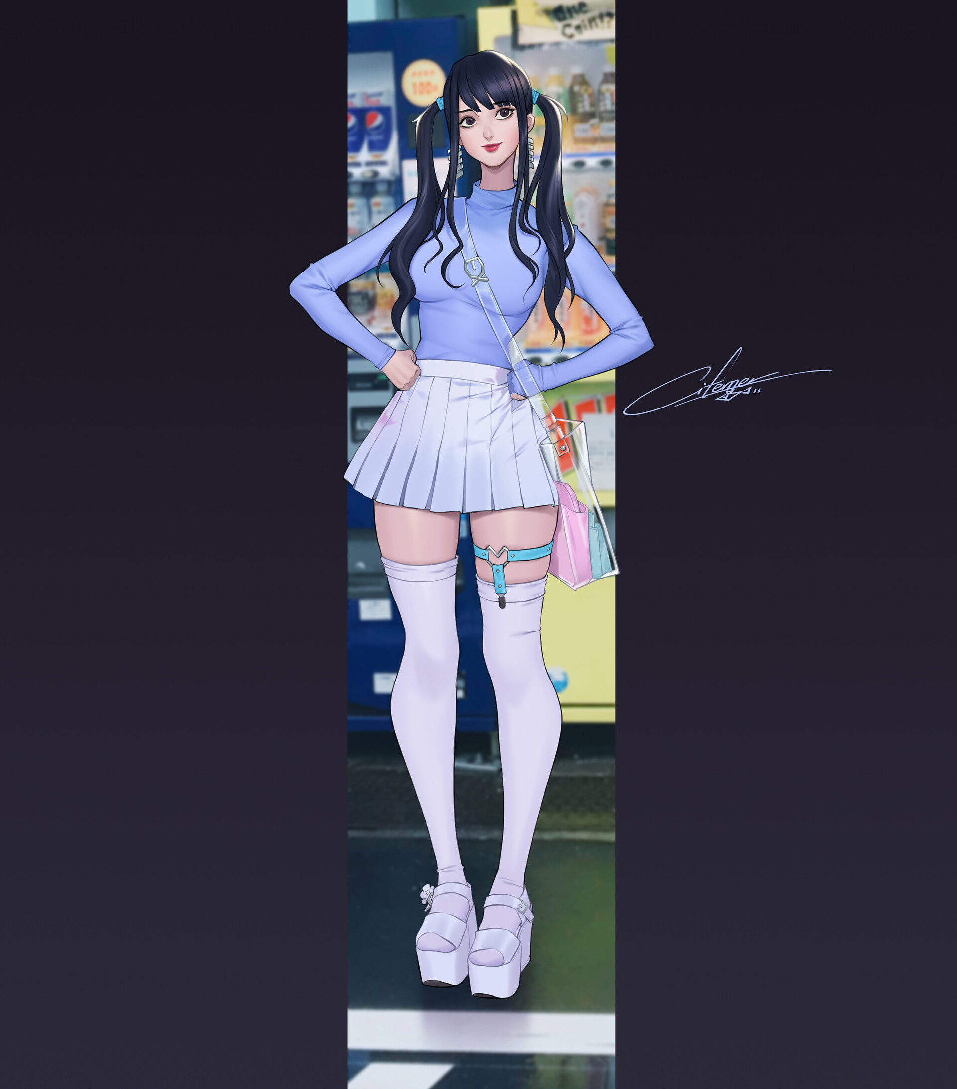 Anime Women Anime Girls Standing White Shoes Skirt White Skirt Long Hair Dark Hair Red Lipstick 1920x2186