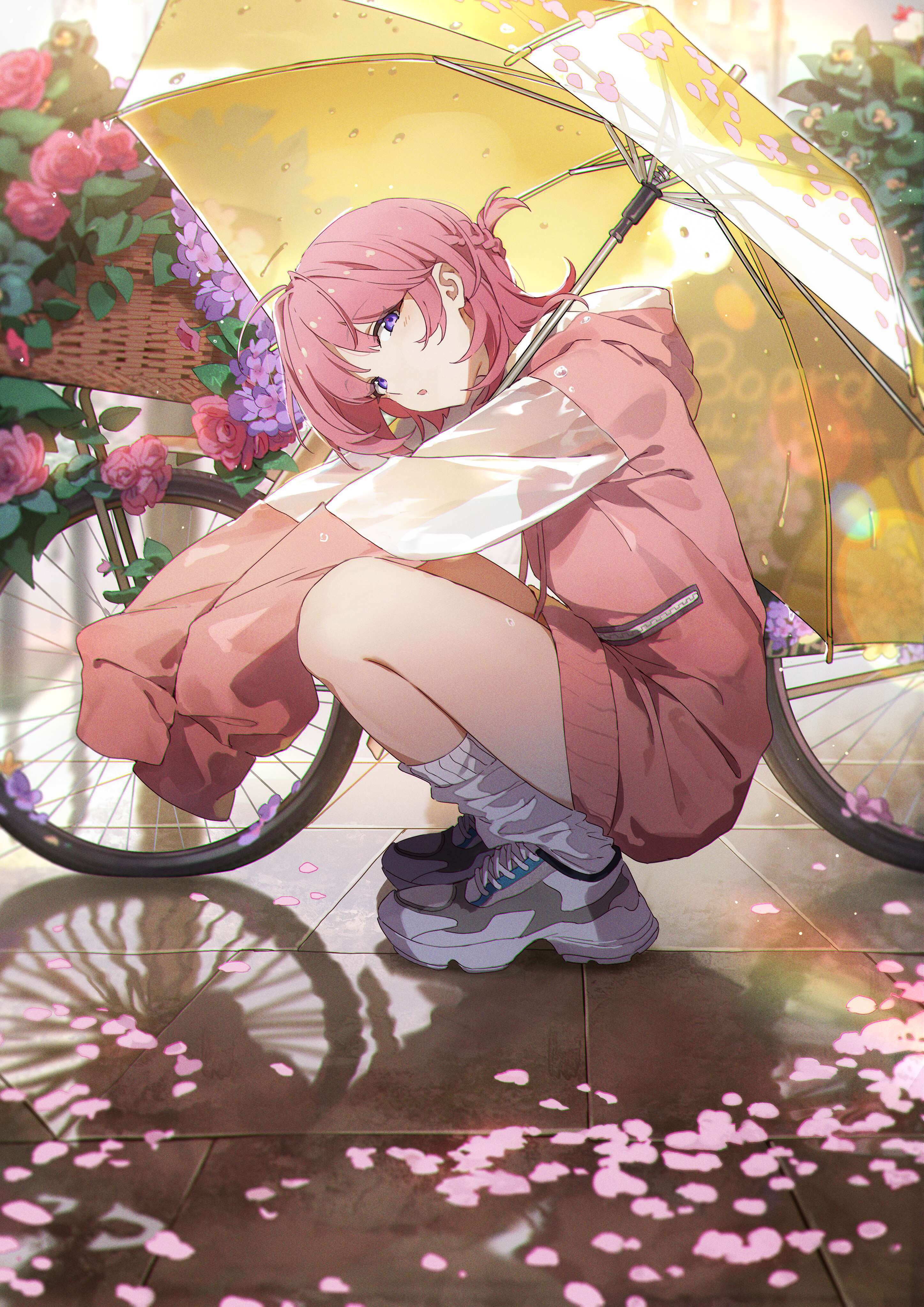Anime Anime Girls Pixiv Original Characters Rain Shoes Petals Rainbows Looking At Viewer Flowers Bic 2894x4093