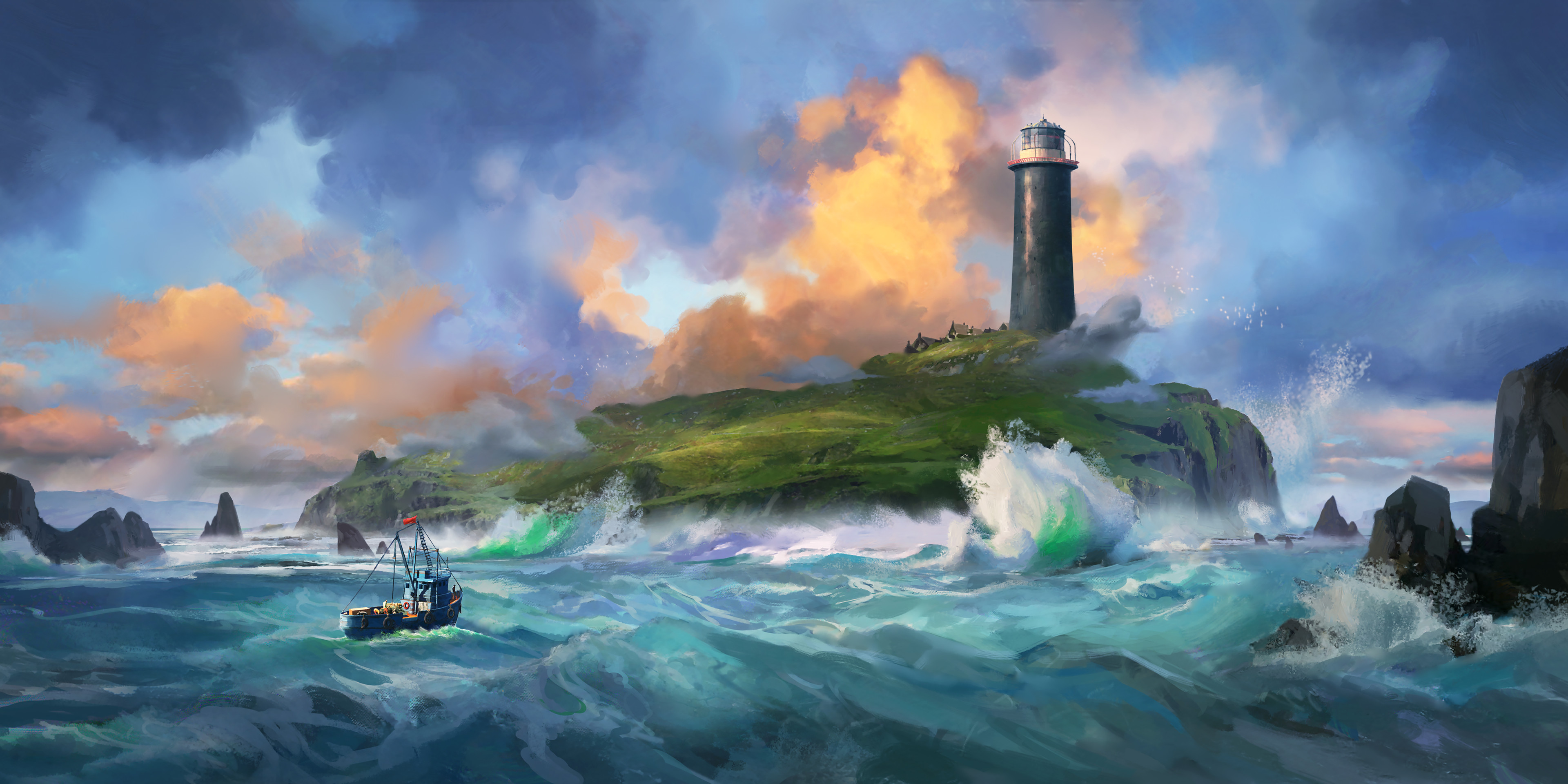 Gavin ODonnell Digital Art Artwork Illustration Environment Clouds Waves Light House Boat Sea Water  3840x1920