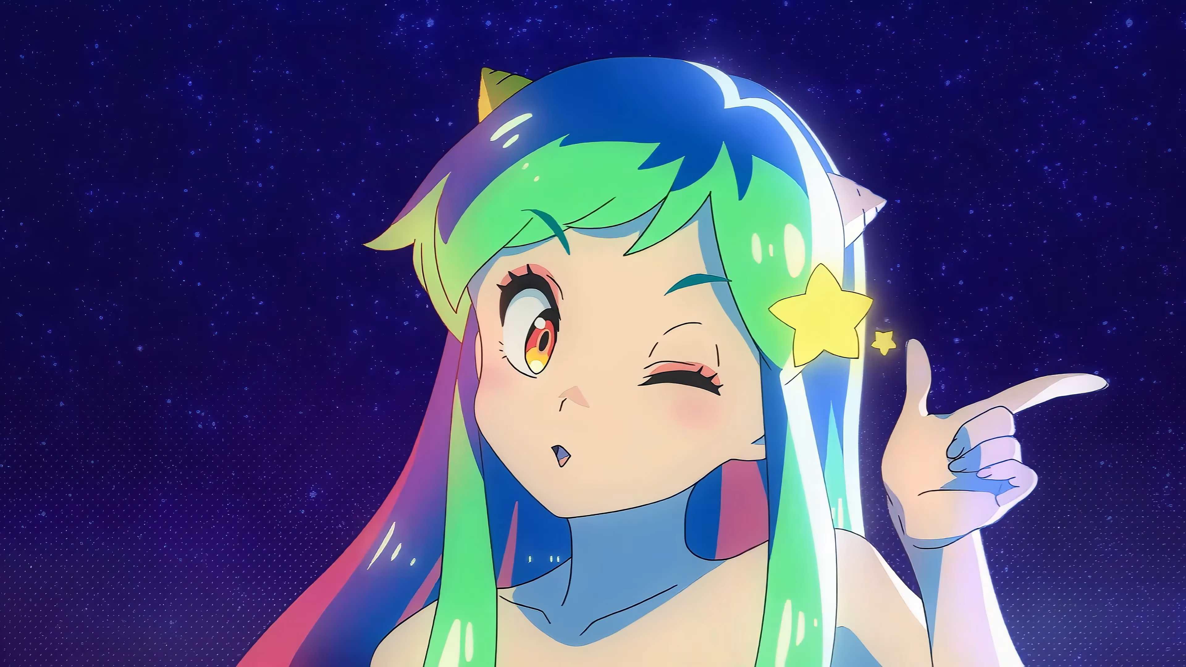 Urusei Yatsura Lum Invader Anime Girls Wink Stars Green Hair Oni Anime Screenshot One Eye Closed Min 3840x2160
