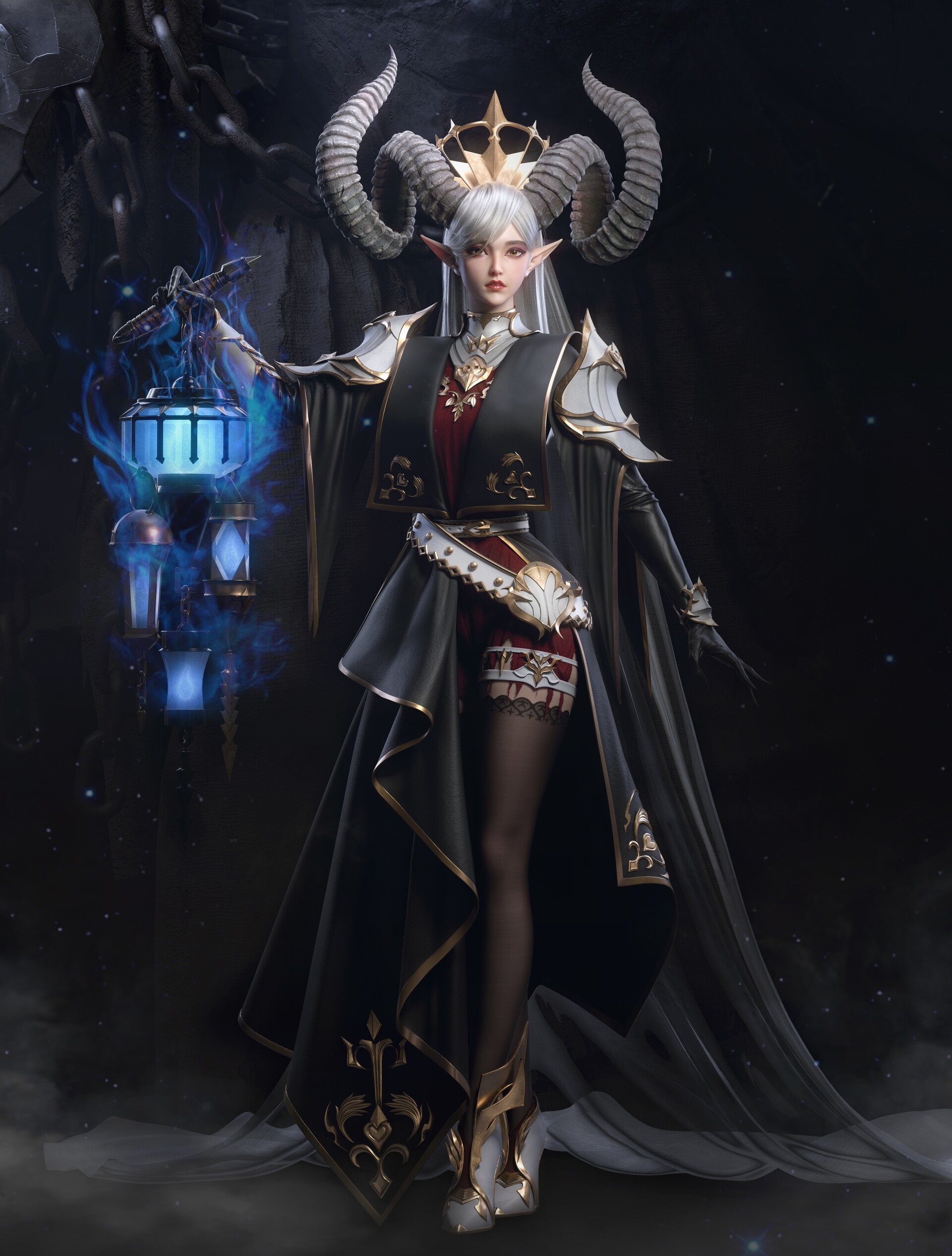 Cifangyi CGi Women Horns Crown Black Clothing Lantern Fantasy Art Dark 3D 1920x2533