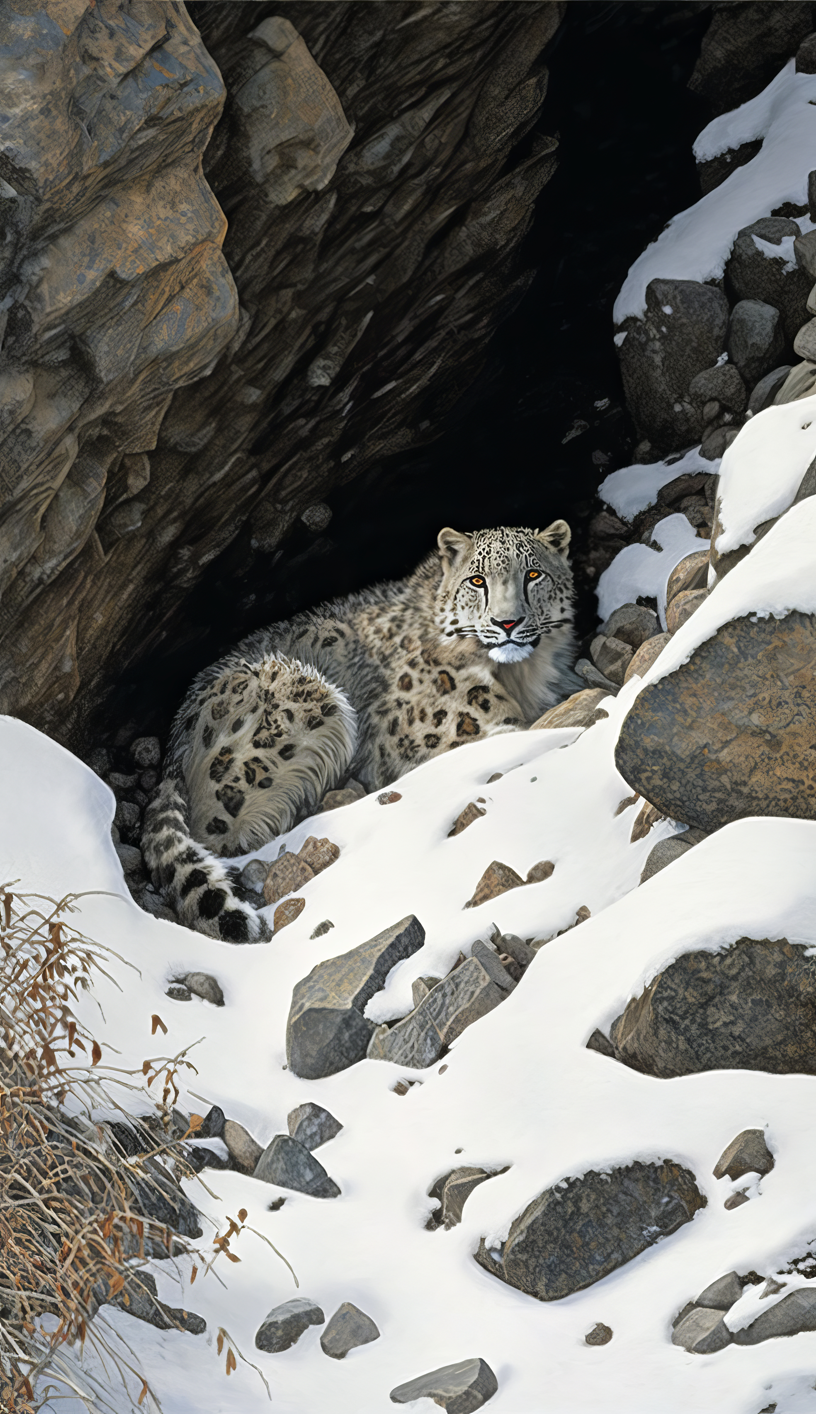 Ai Art Vertical Portrait Display Snow Leopards Animals Snow Nature Looking At Viewer 2630x4559
