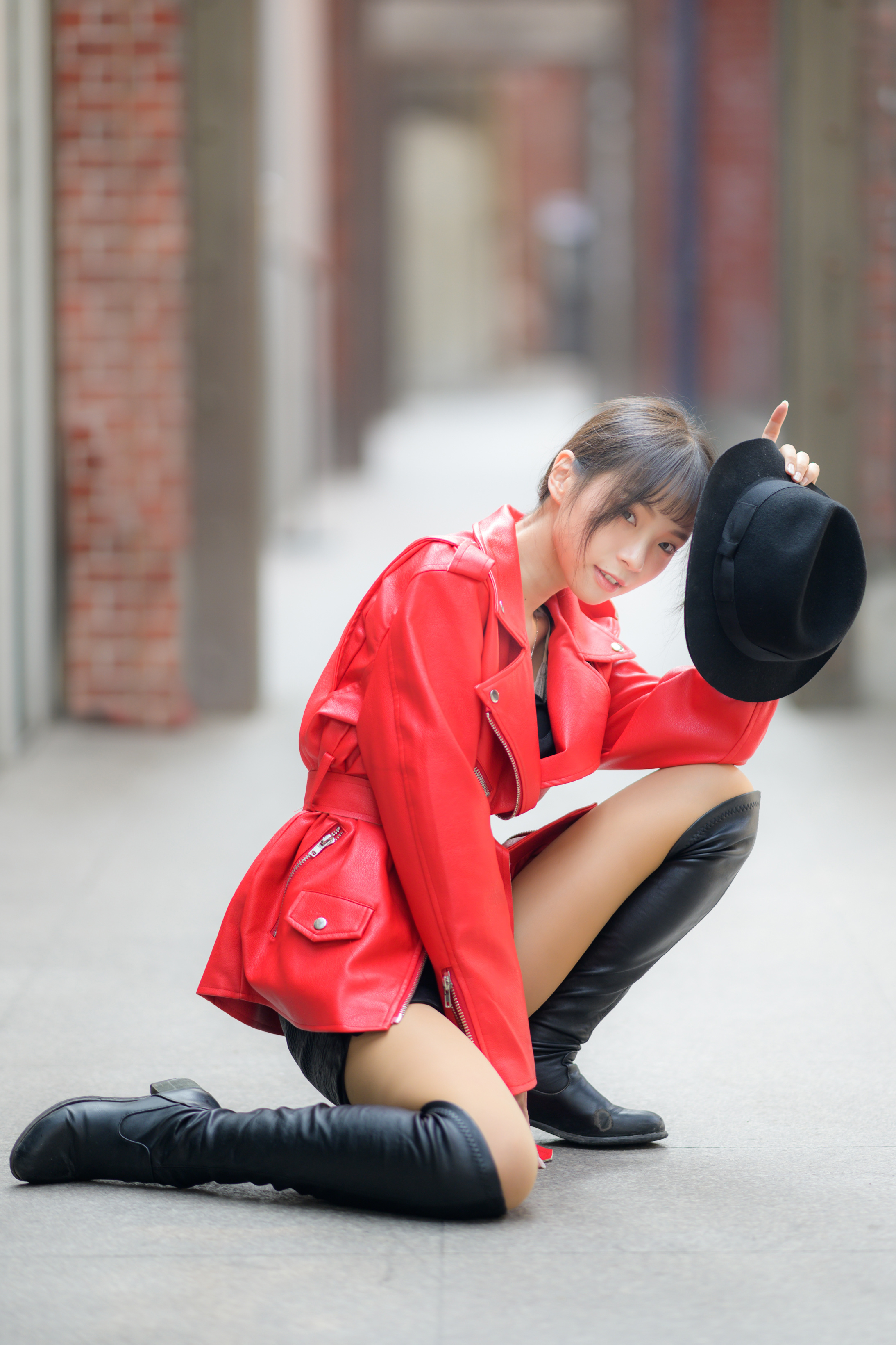Asian Model Women Long Hair Dark Hair Leather Jacket Knee High Boots Hat Depth Of Field Ponytail Bri 2187x3280