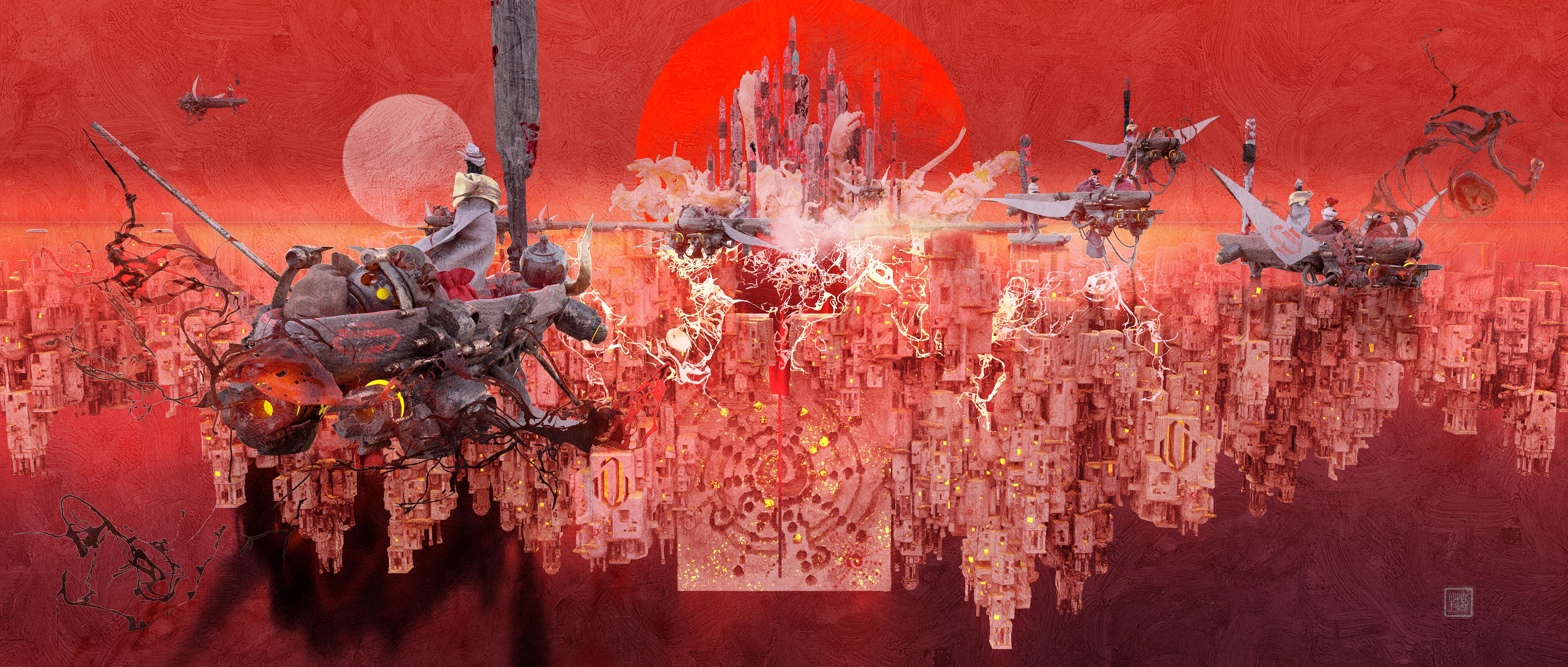 Huteford Concept Art Fantasy Art CGi Digital Art Sun Fantasy City Artwork 5875x2500