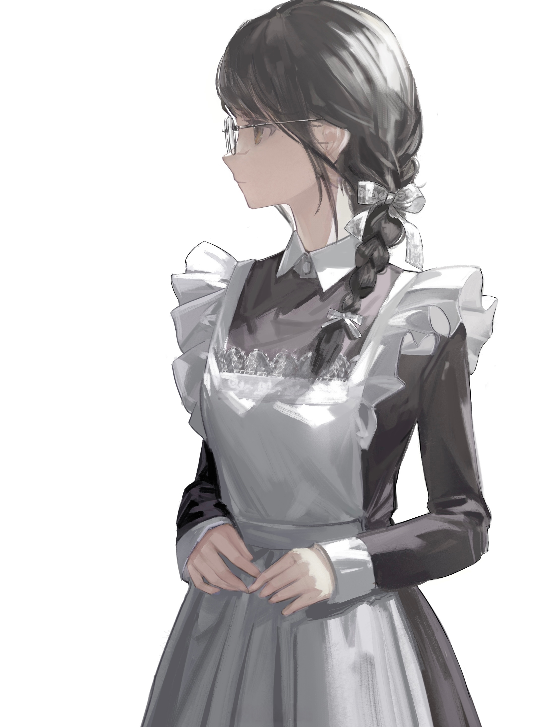 Maid Simple Background Portrait Display Digital Art Maiden In Black Braids Looking Away Anime Girls  2198x2930